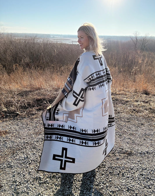 Geometric Neutrals Cozy Oversized Wool Blend Handmade Blanket Coat