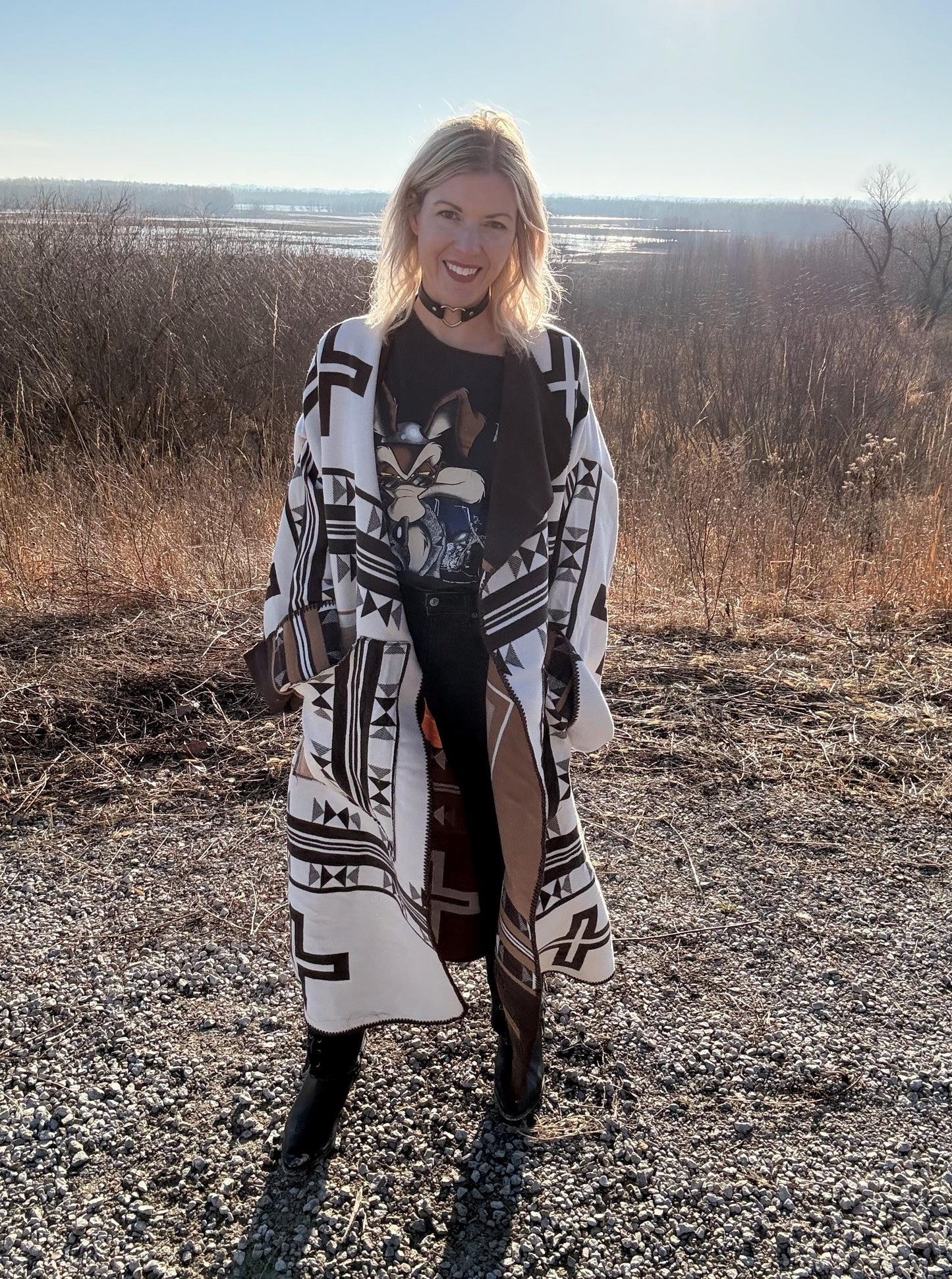 Geometric Neutrals Cozy Oversized Wool Blend Handmade Blanket Coat