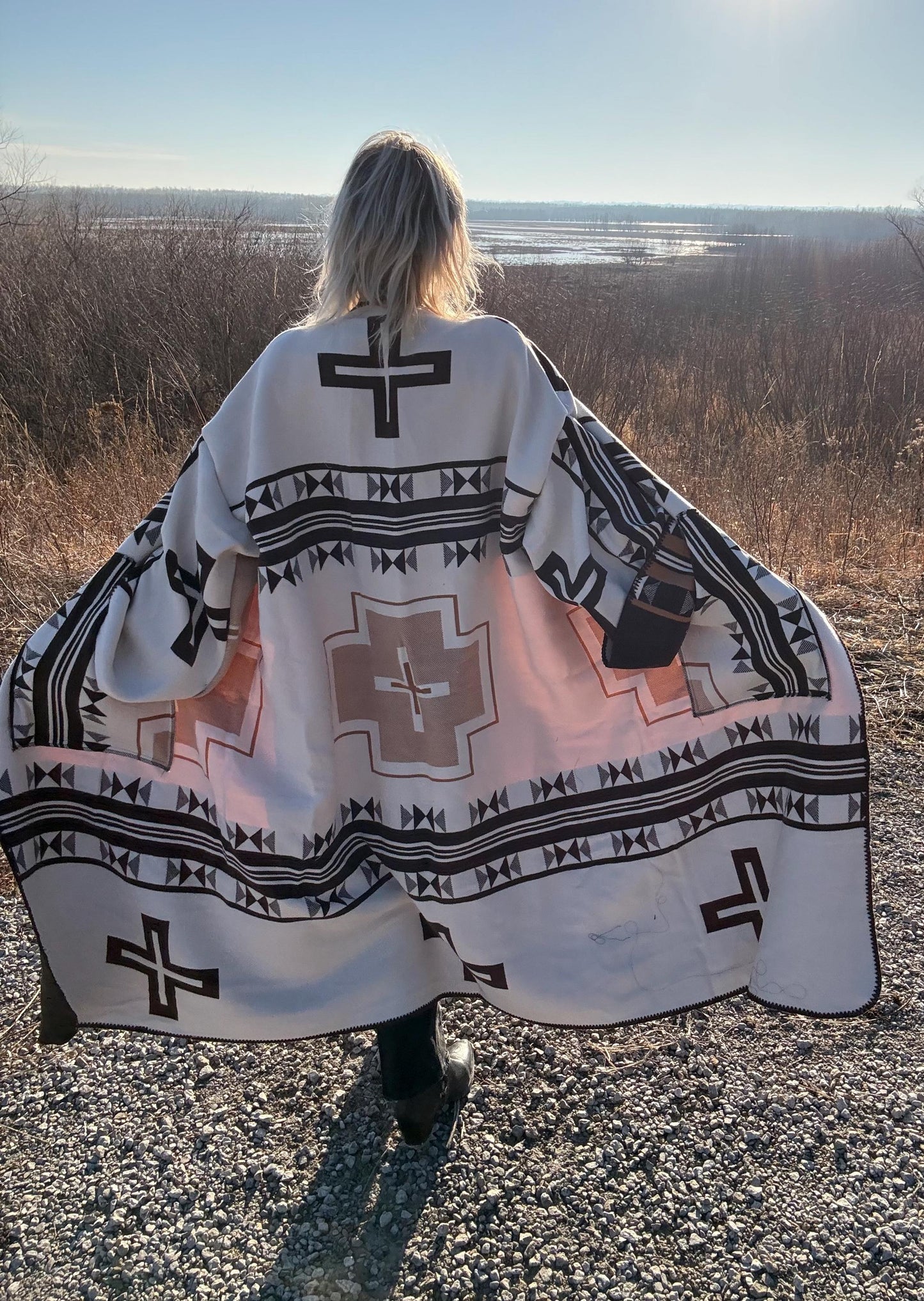 Geometric Neutrals Cozy Oversized Wool Blend Handmade Blanket Coat