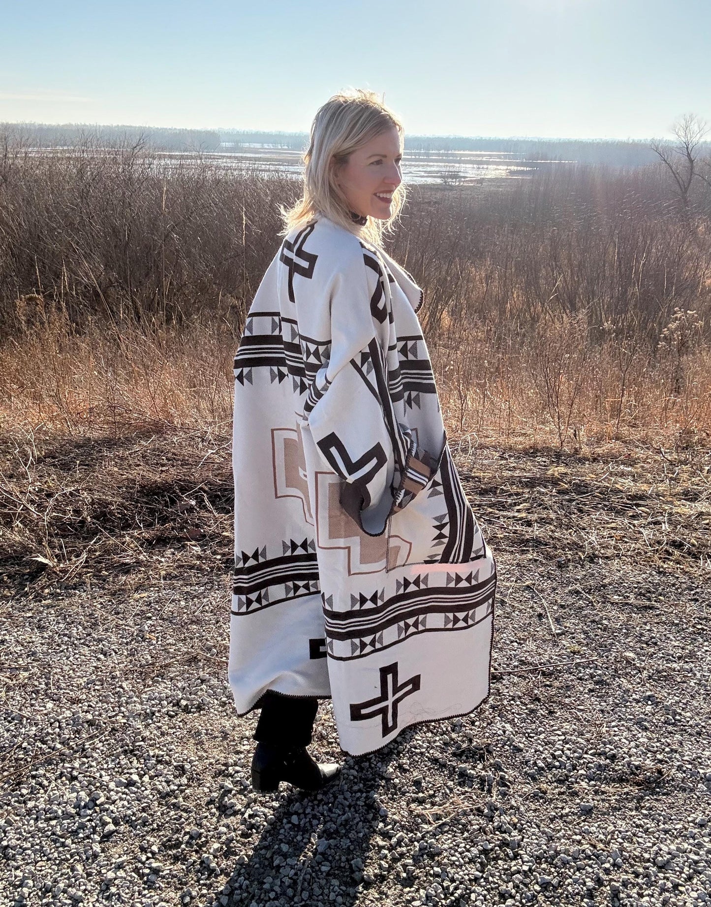 Geometric Neutrals Cozy Oversized Wool Blend Handmade Blanket Coat