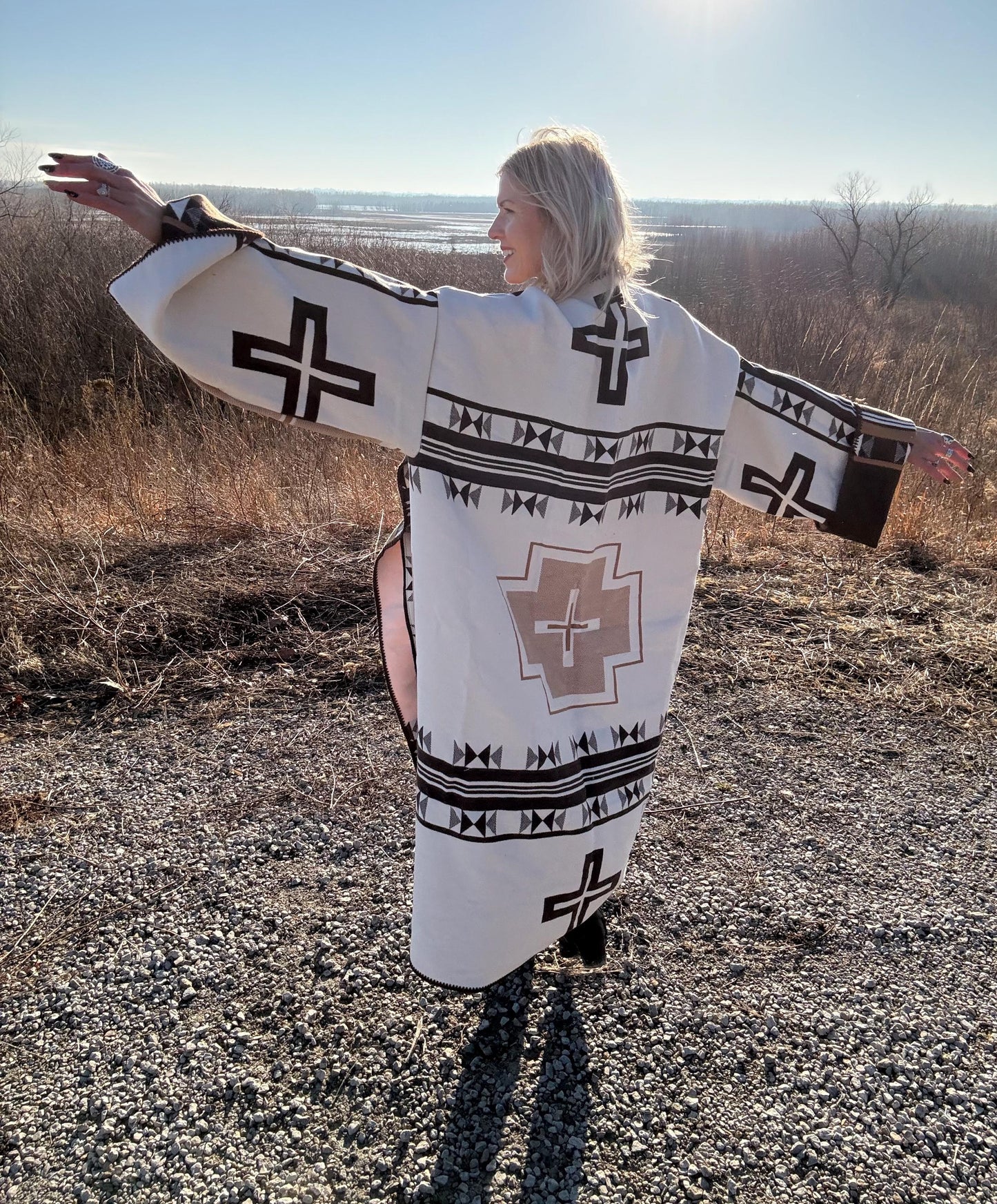 Geometric Neutrals Cozy Oversized Wool Blend Handmade Blanket Coat