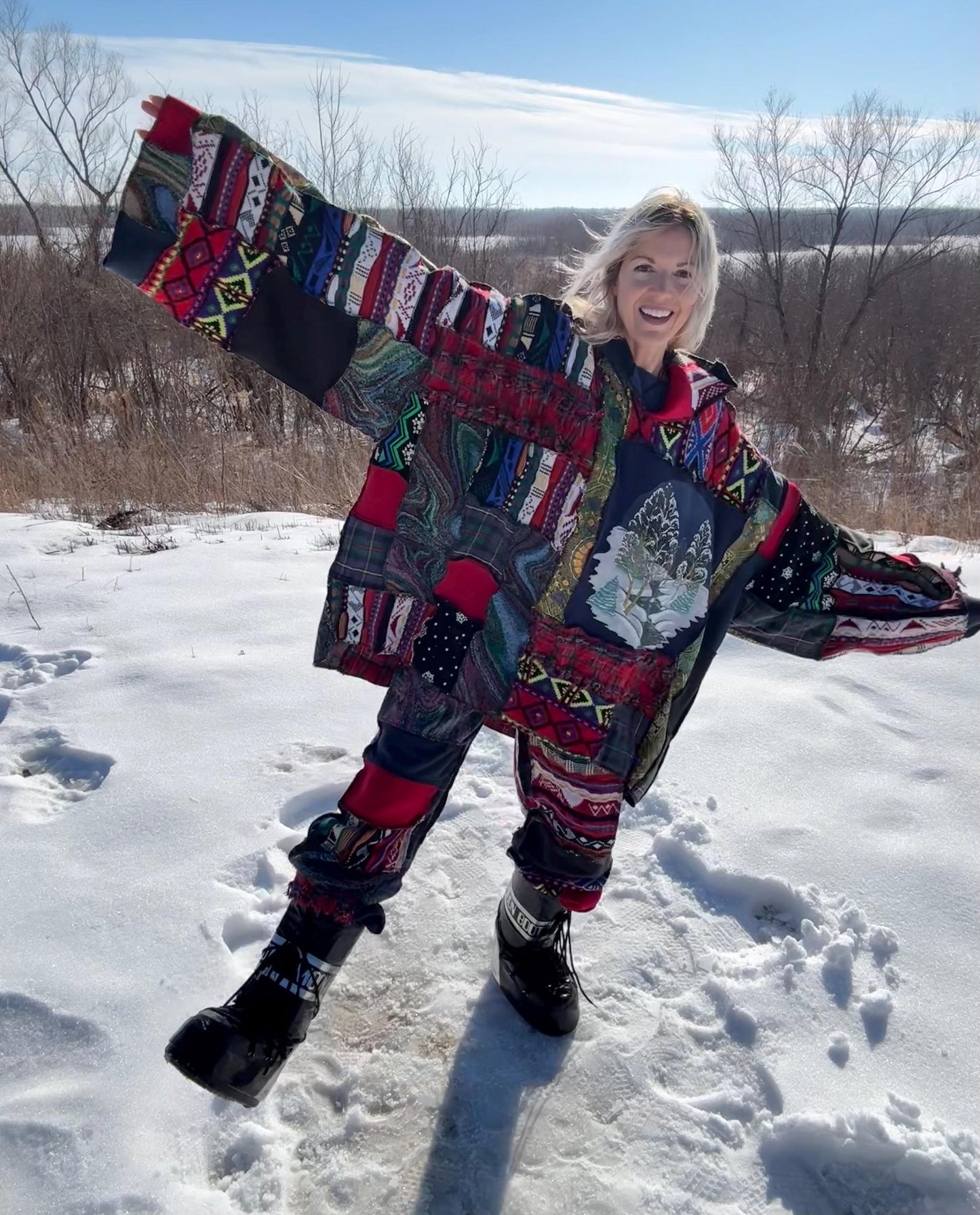 Nostalgic Snowy Holiday Two Piece Patchwork Set, One-Of-A-Kind Wearable Art