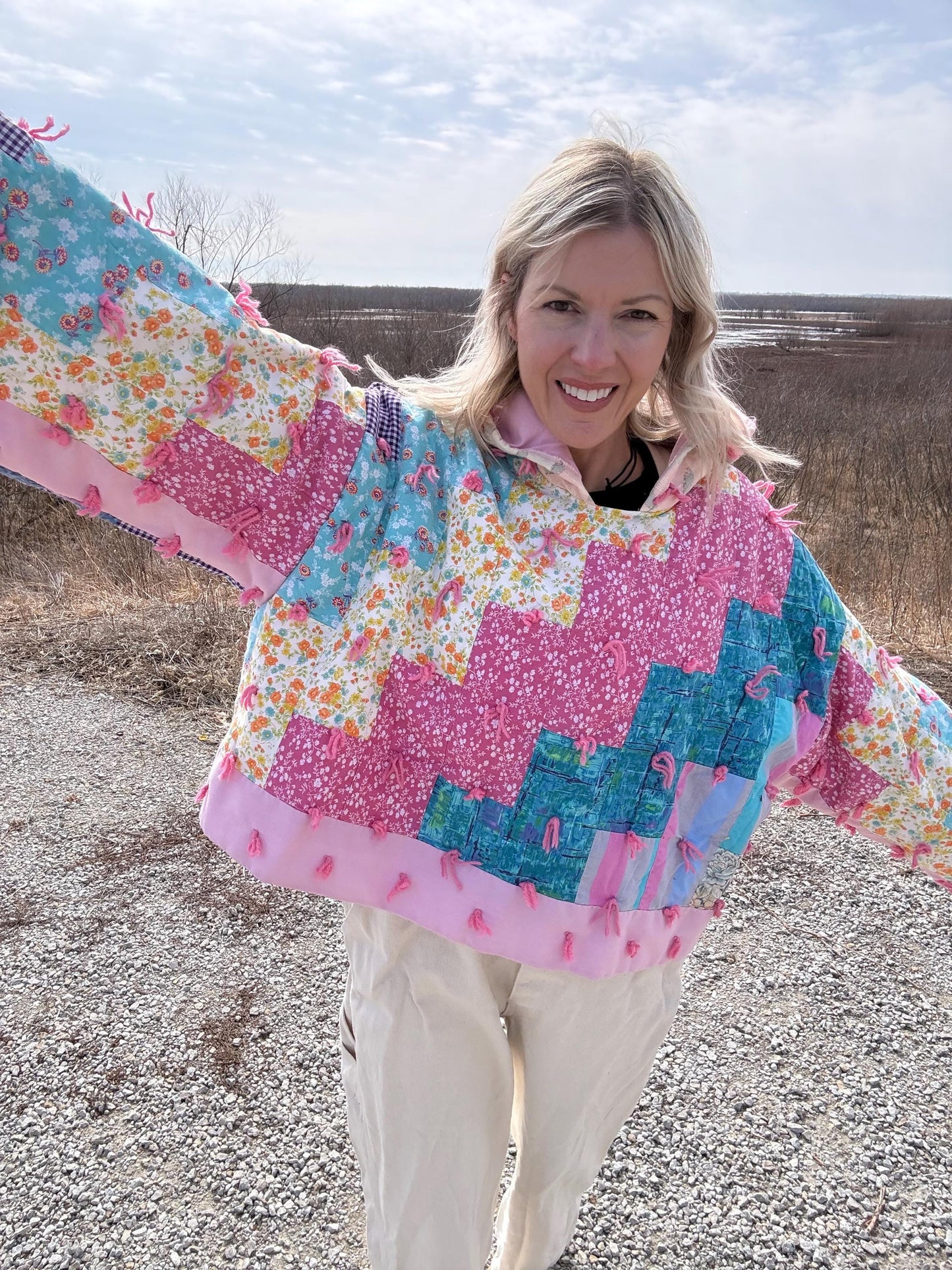Precious In Pink Cropped Hooded Hand Tied Quilt Pullover