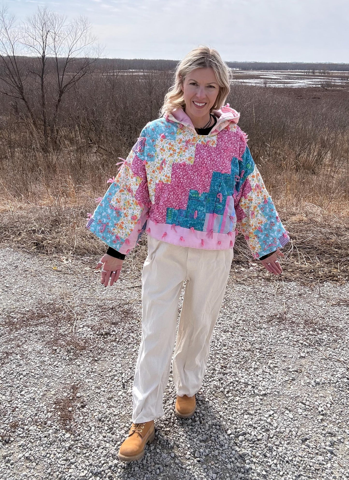 Precious In Pink Cropped Hooded Hand Tied Quilt Pullover