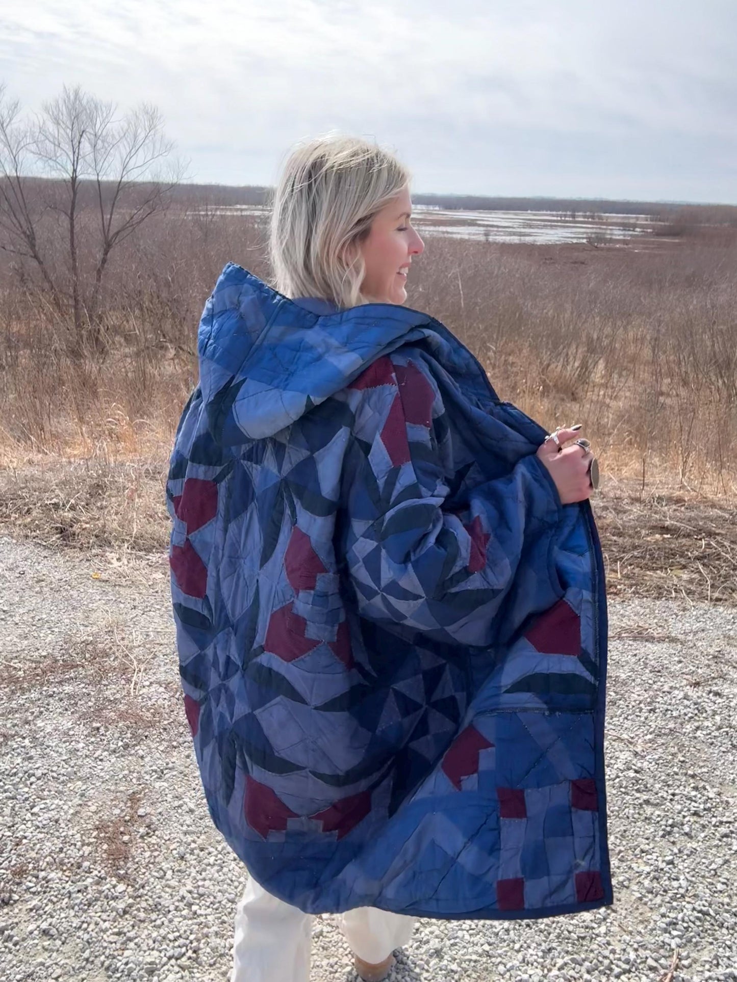 Navy Romance Hooded Oversized Statement Quilt Coat