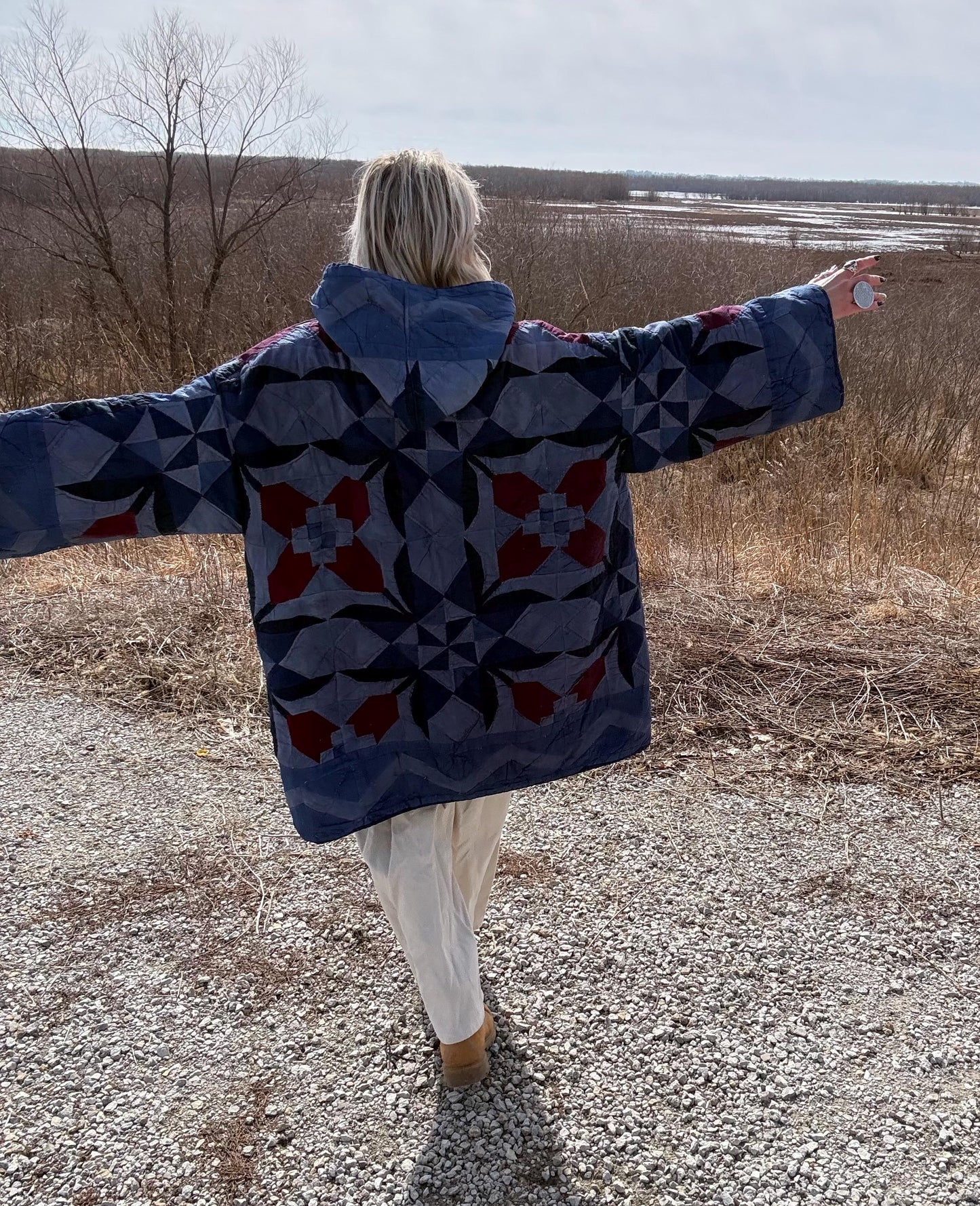 Navy Romance Hooded Oversized Statement Quilt Coat