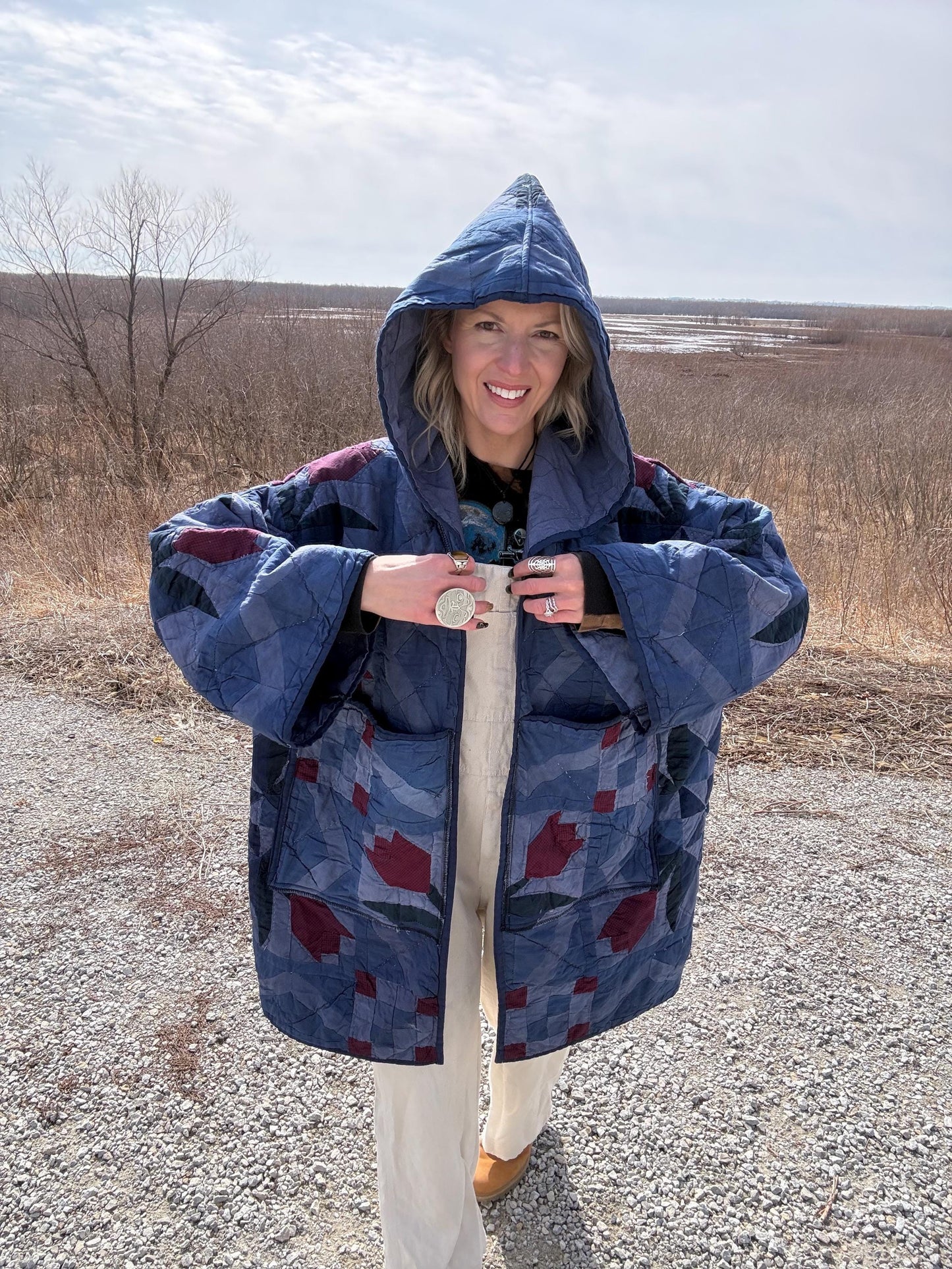 Navy Romance Hooded Oversized Statement Quilt Coat
