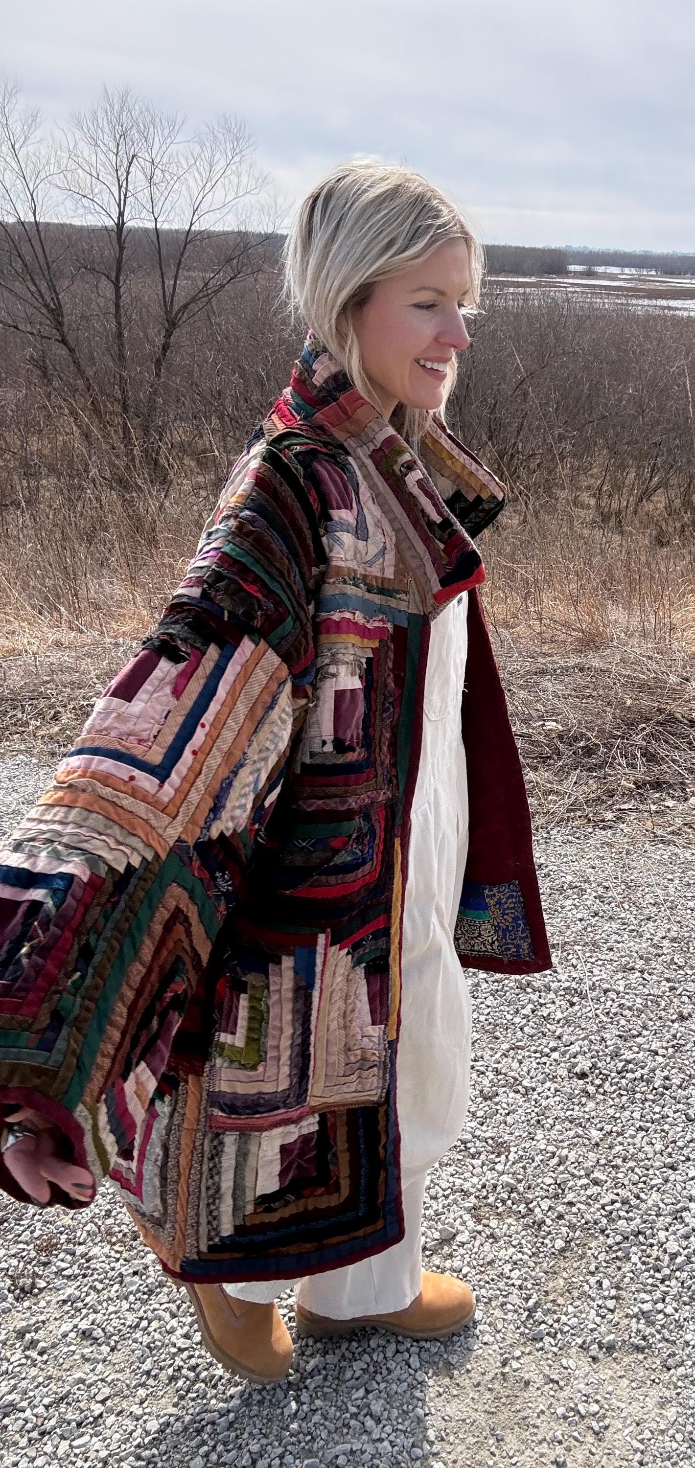 Tattered Distressed Antique Jewel Toned Oversized Heirloom Quilt Jacket