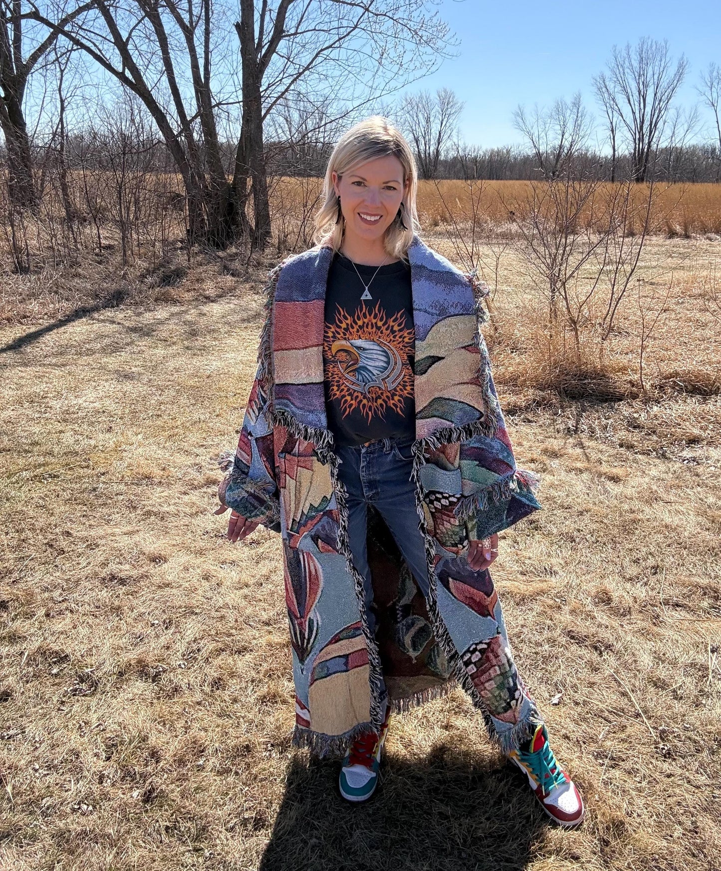 Rainbow Hot Air Balloons Maxi Length Fringe Blanket Coat