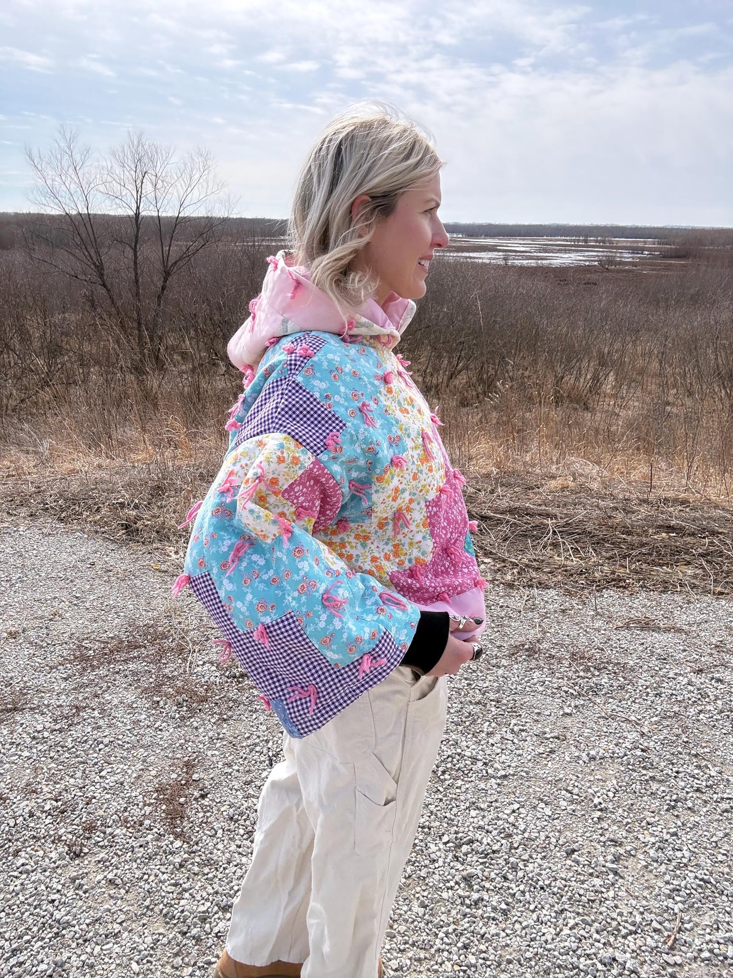 Precious In Pink Cropped Hooded Hand Tied Quilt Pullover