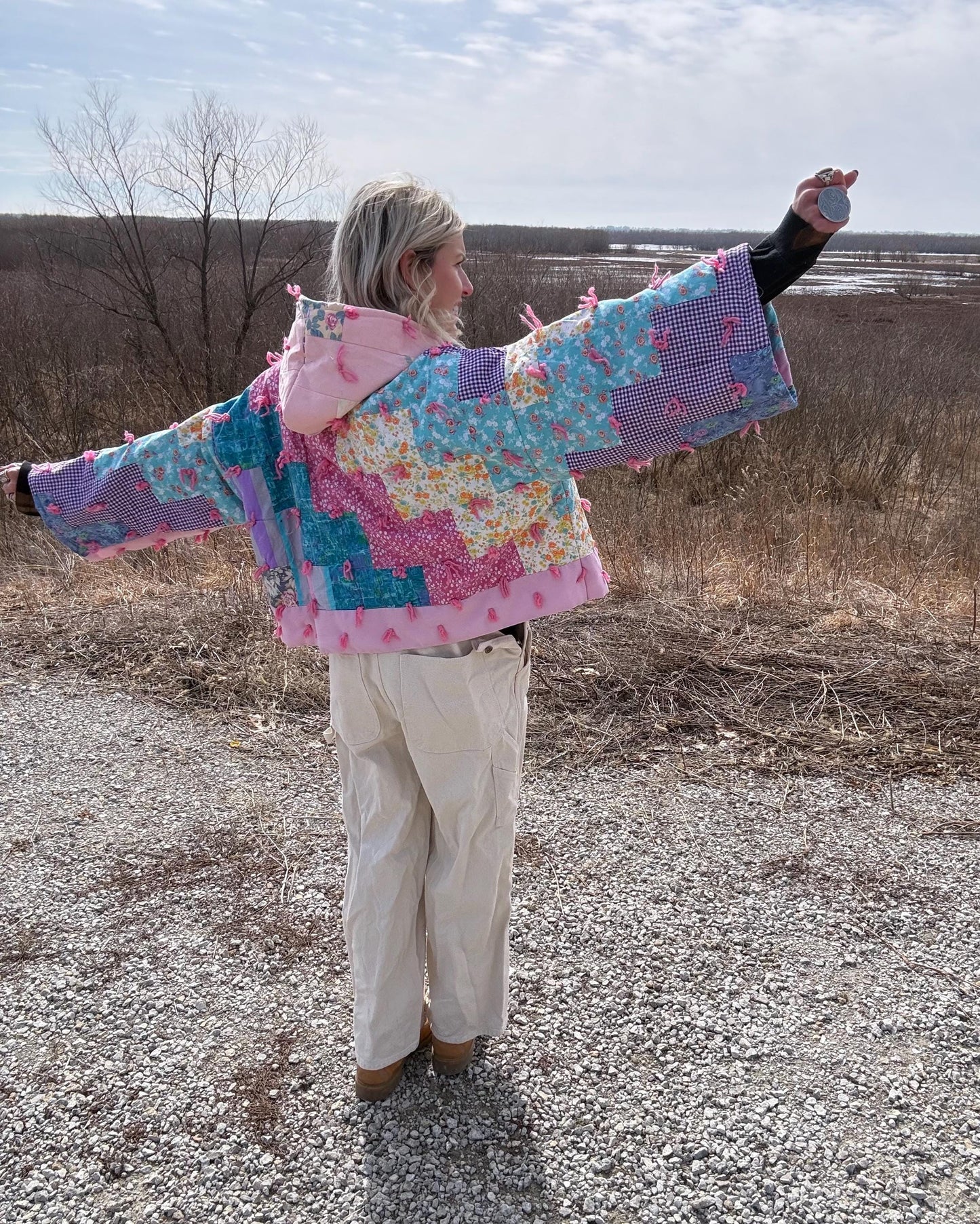 Precious In Pink Cropped Hooded Hand Tied Quilt Pullover