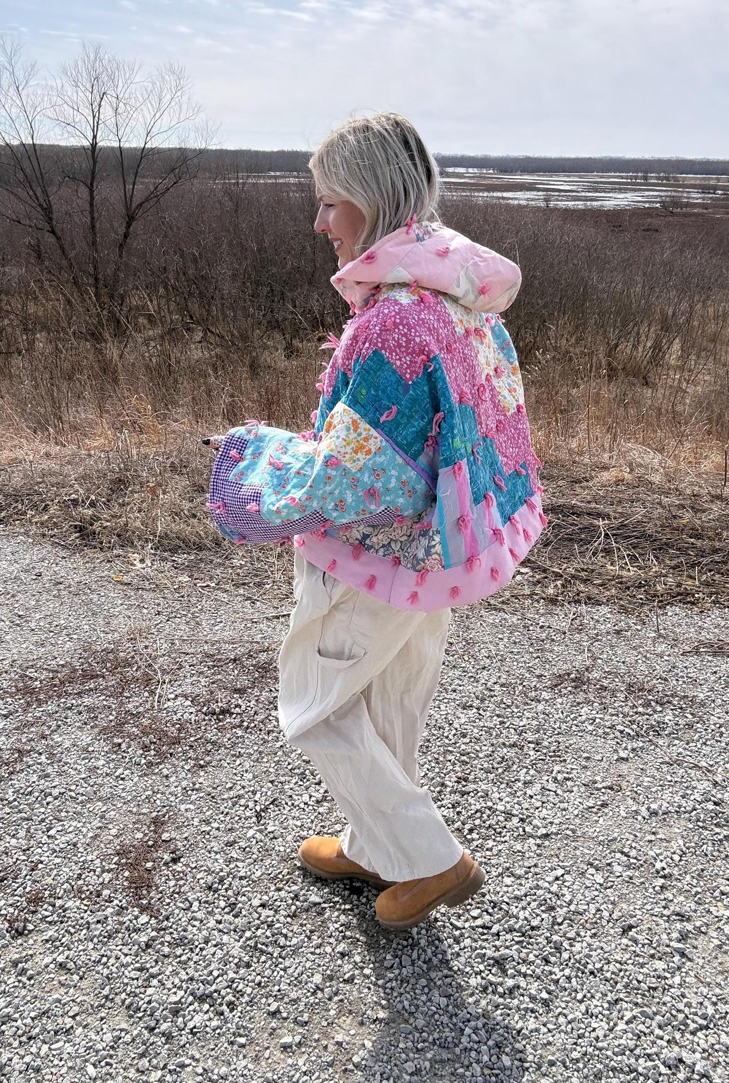 Precious In Pink Cropped Hooded Hand Tied Quilt Pullover