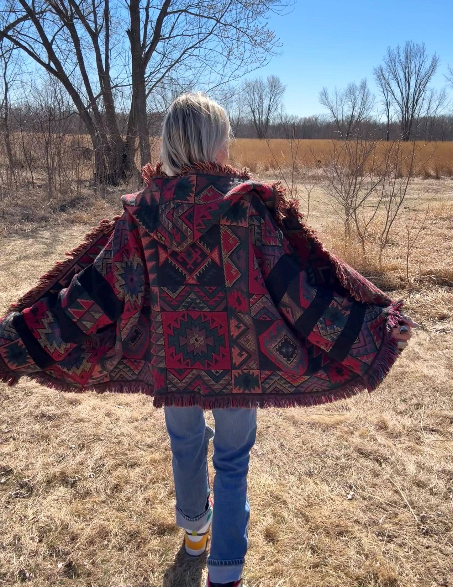Southwestern Dream Hooded Oversized Fringe Blanket Jacket