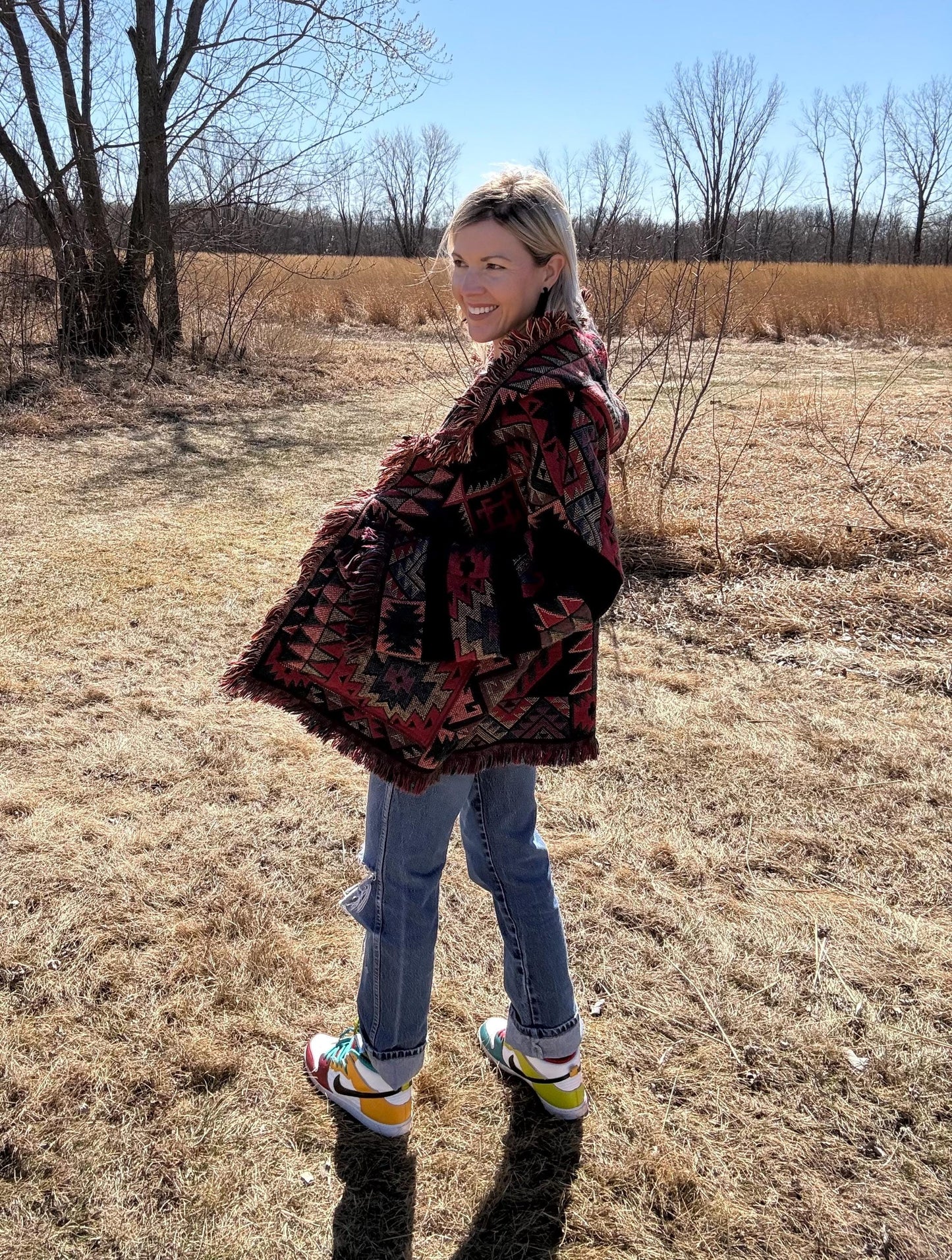 Southwestern Dream Hooded Oversized Fringe Blanket Jacket