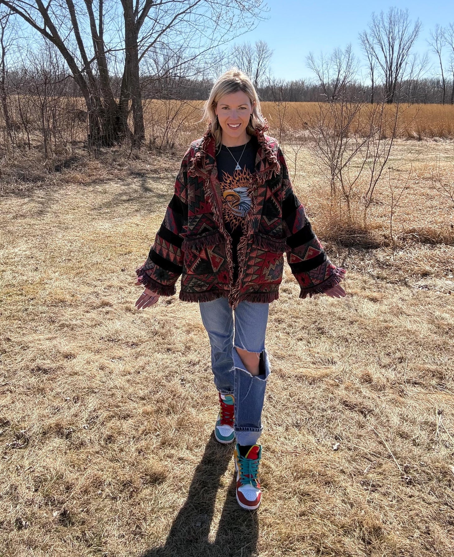 Southwestern Dream Hooded Oversized Fringe Blanket Jacket