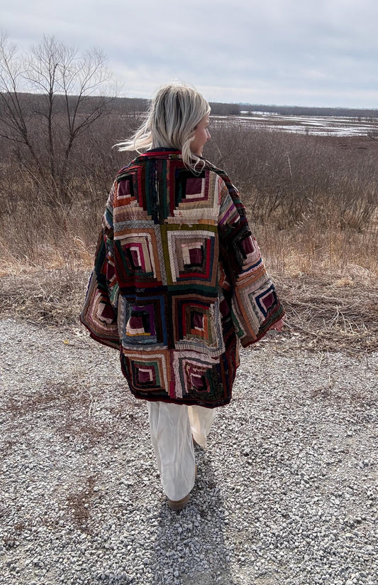 Tattered Distressed Antique Jewel Toned Oversized Heirloom Quilt Jacket