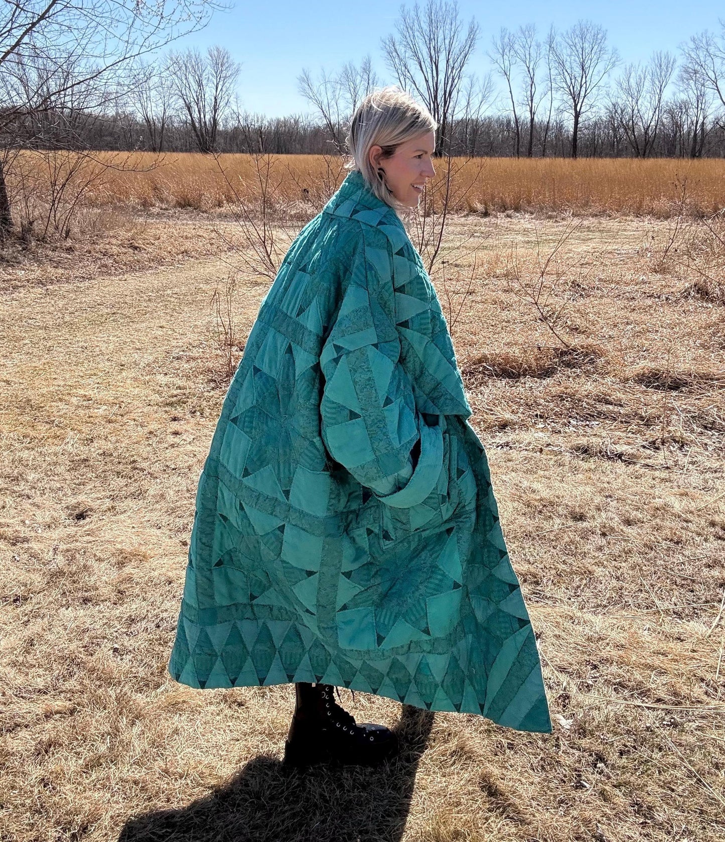 Tropical Teal Oversized Maxi Length Statement Quilt Jacket