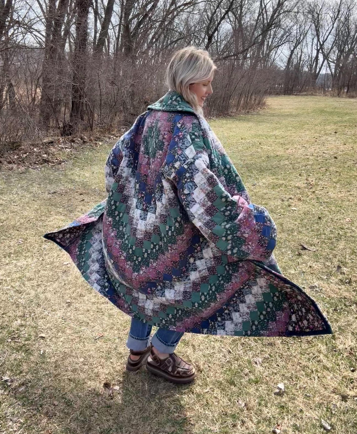 Woodland Wonder Dramatic Long Patchwork Statement Quilt Coat