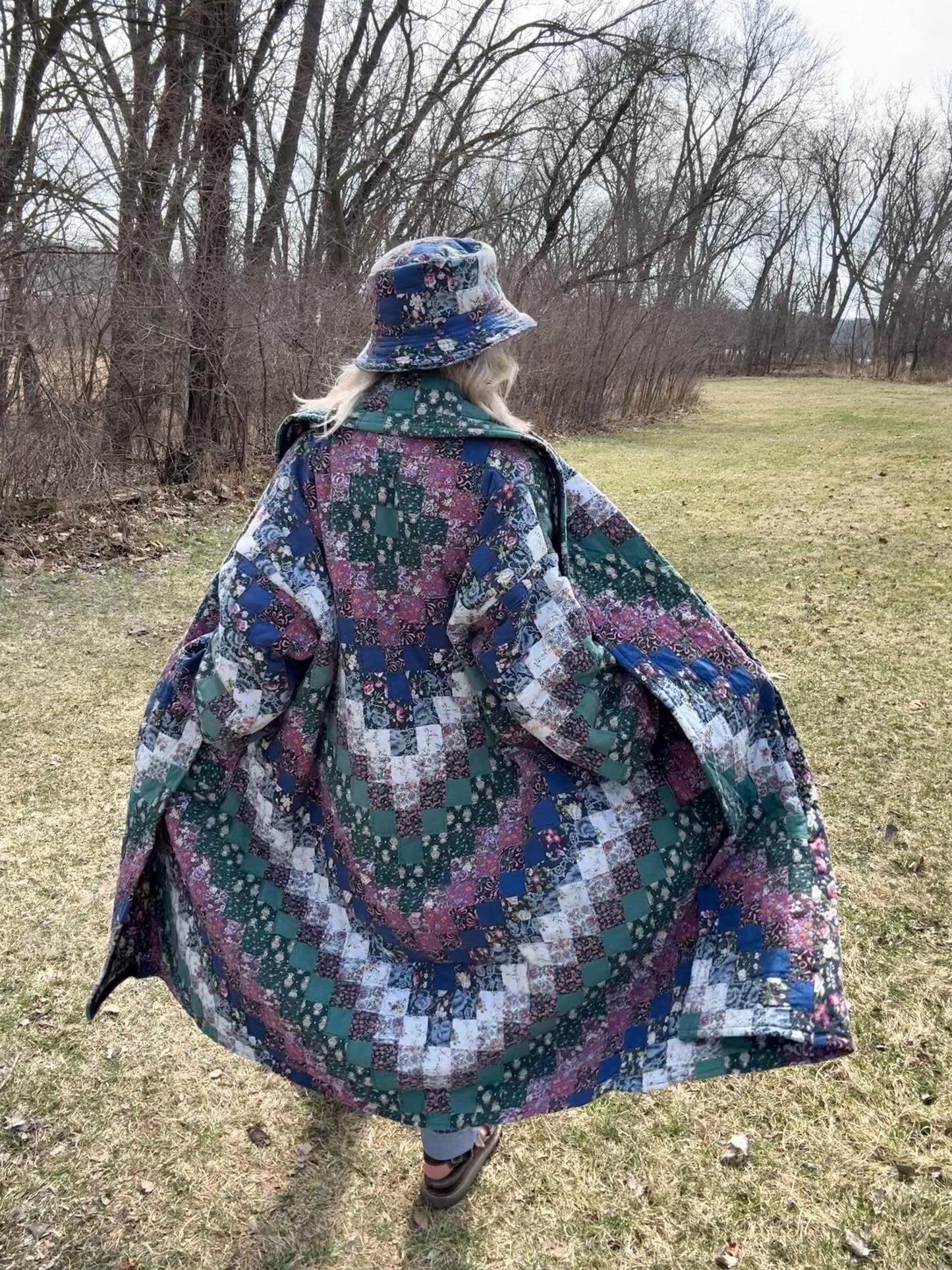 Woodland Wonder Dramatic Long Patchwork Statement Quilt Coat