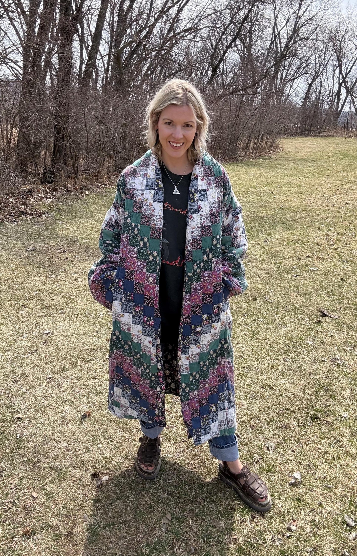Woodland Wonder Dramatic Long Patchwork Statement Quilt Coat