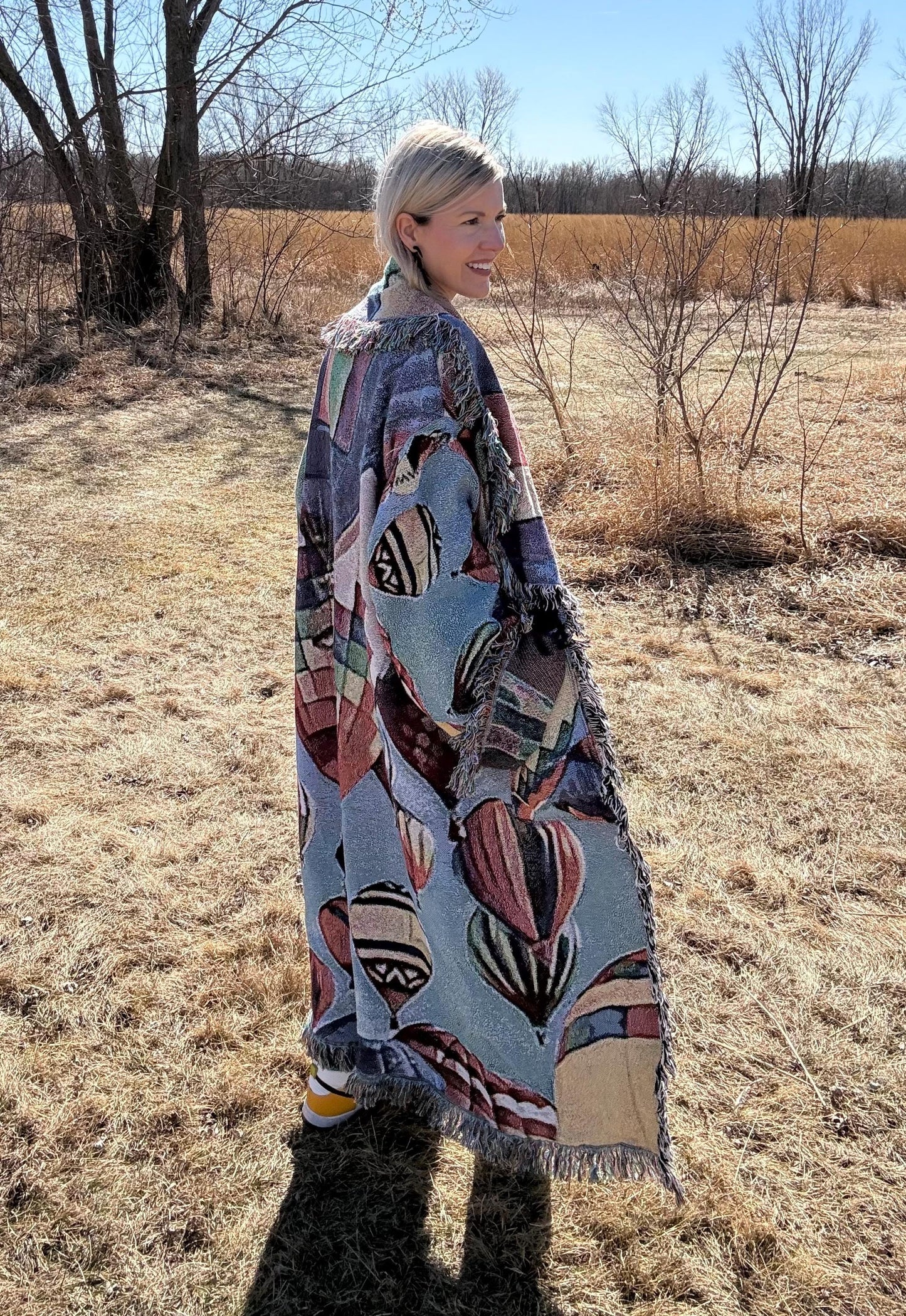 Rainbow Hot Air Balloons Maxi Length Fringe Blanket Coat