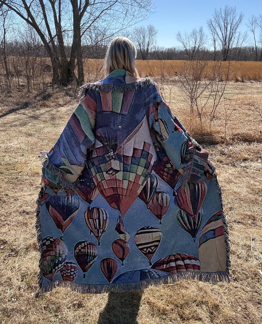 Rainbow Hot Air Balloons Maxi Length Fringe Blanket Coat