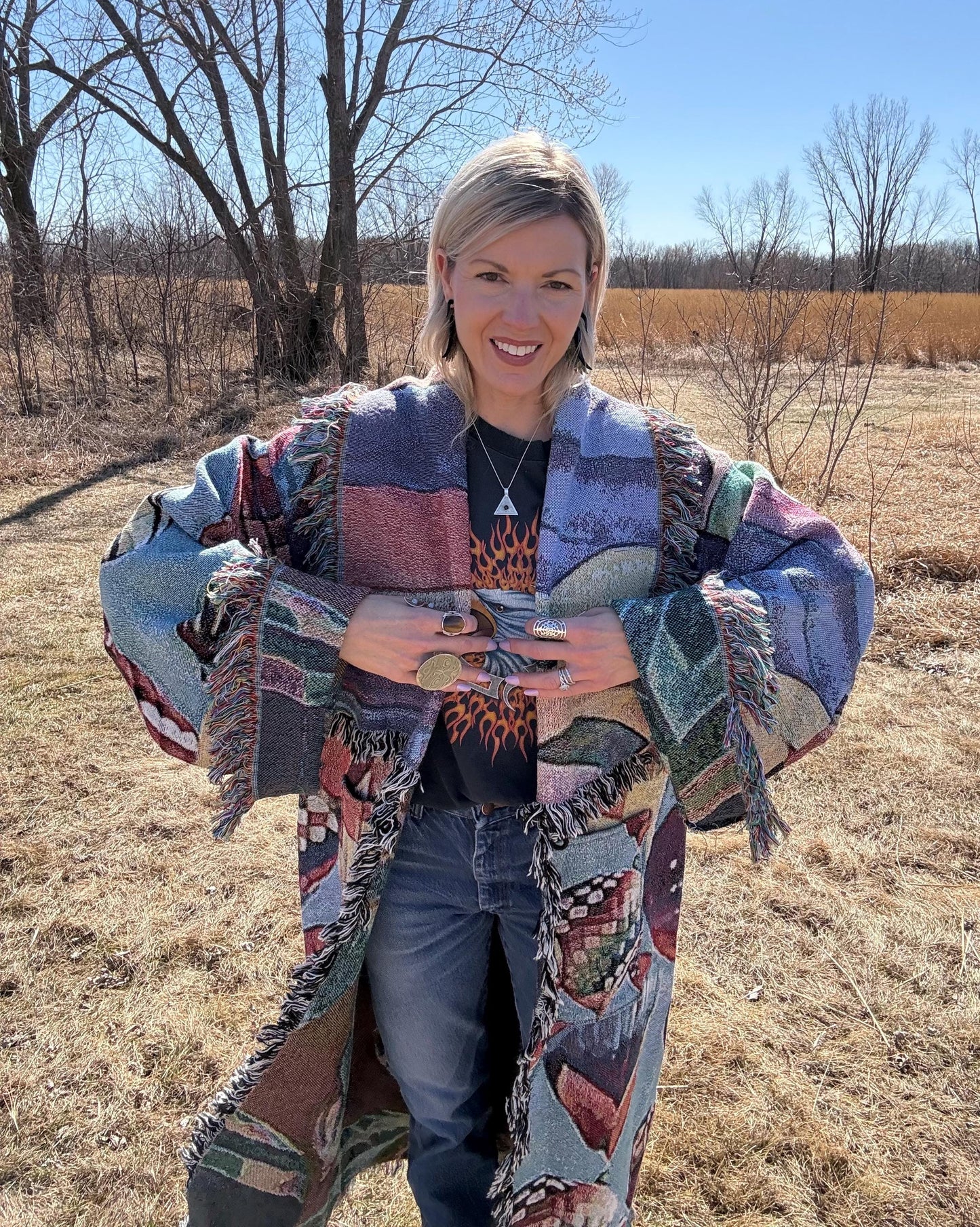 Rainbow Hot Air Balloons Maxi Length Fringe Blanket Coat