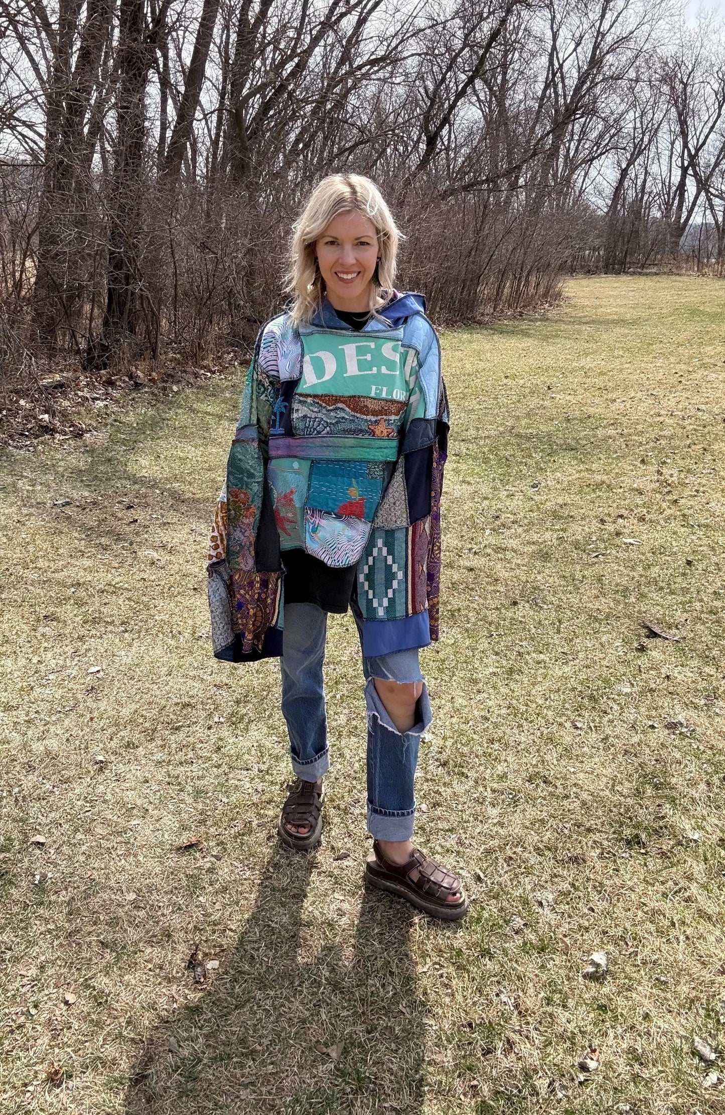 Destin Florida Lover Oversized Patchwork Hooded Pullover, One-Of-A-Kind, Wearable Art