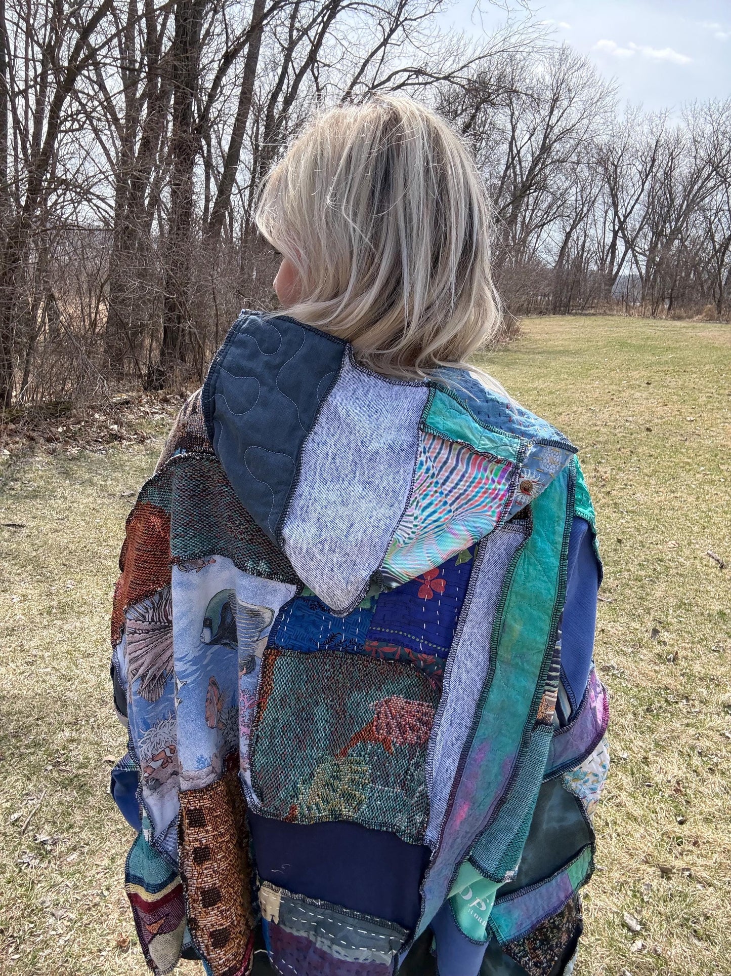 Destin Florida Lover Oversized Patchwork Hooded Pullover, One-Of-A-Kind, Wearable Art