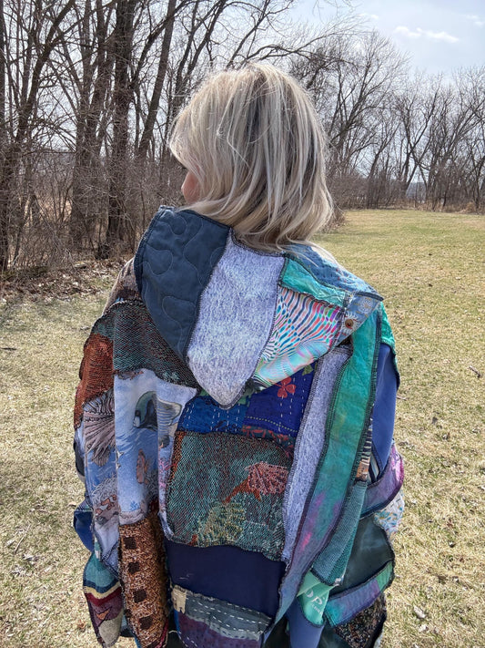Destin Florida Lover Oversized Patchwork Hooded Pullover, One-Of-A-Kind, Wearable Art