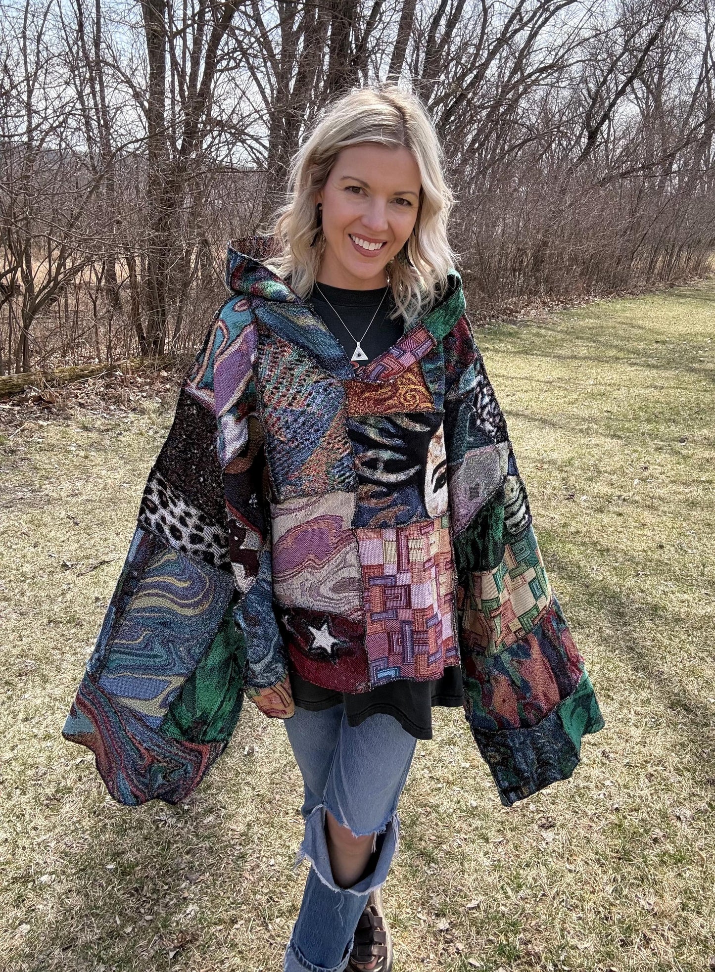 Psychedelic Dreamer Extra Oversized Patchwork Blanket Pullover, One-Of-A-Kind Wearable Art