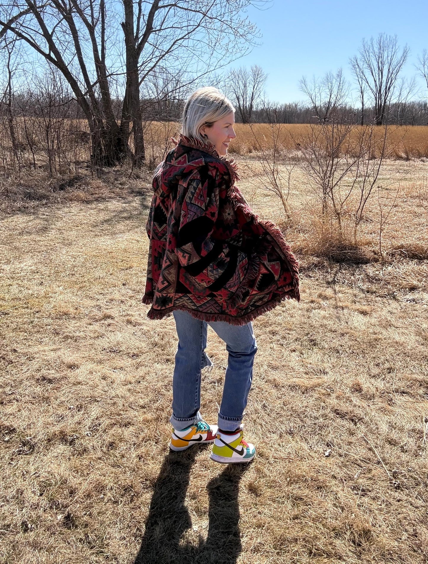 Southwestern Dream Hooded Oversized Fringe Blanket Jacket