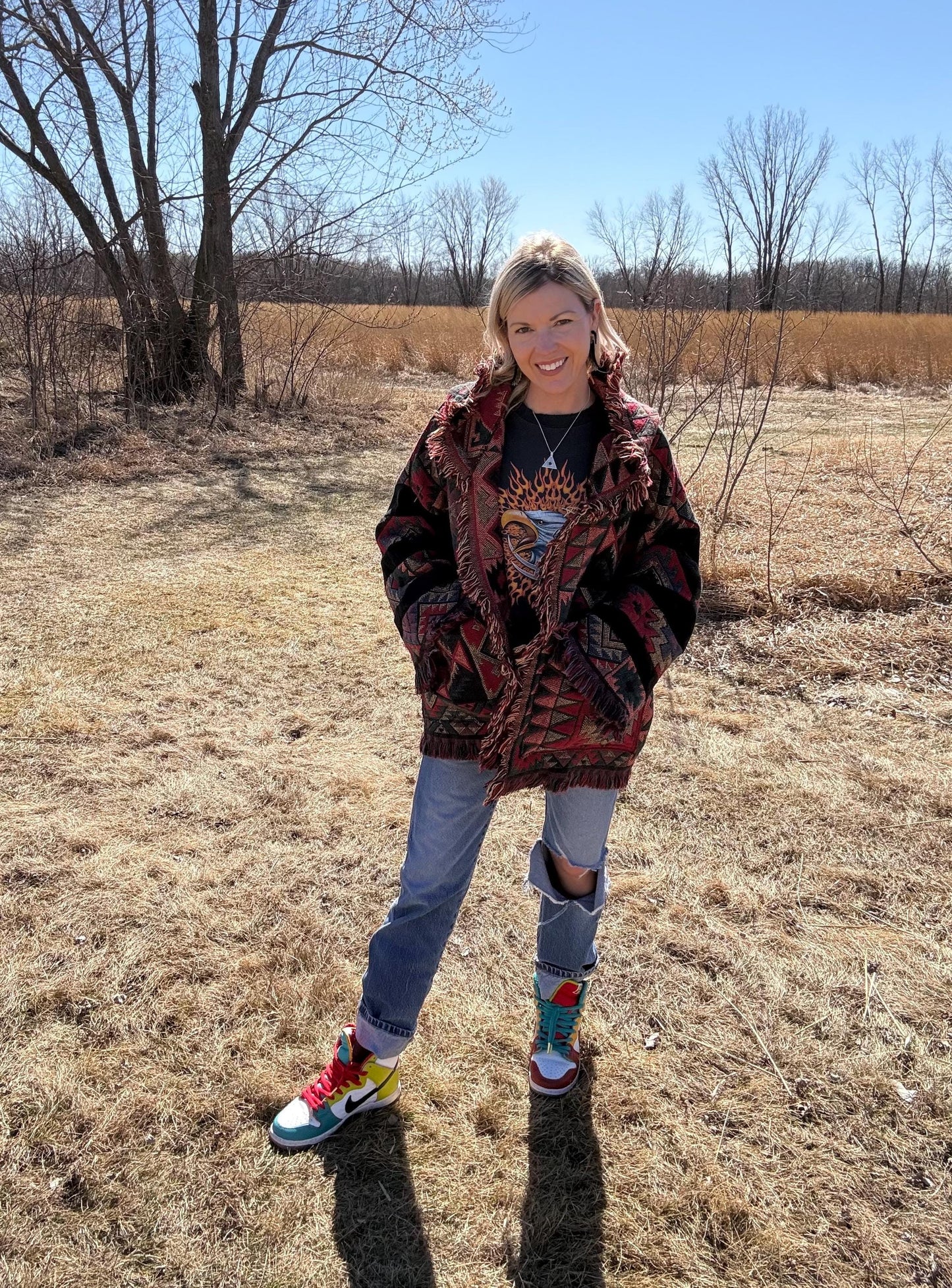 Southwestern Dream Hooded Oversized Fringe Blanket Jacket