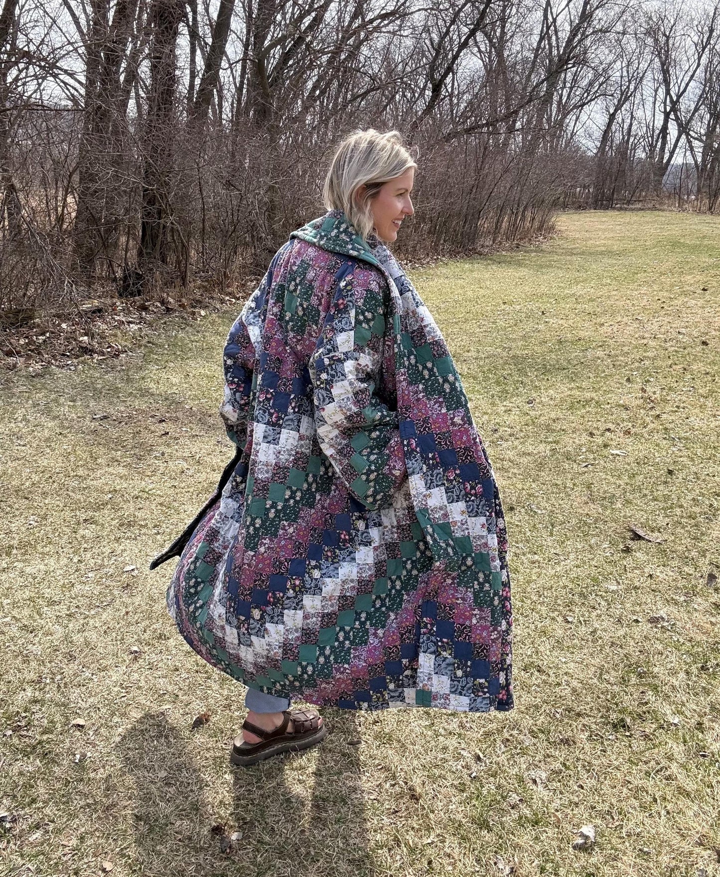 Woodland Wonder Dramatic Long Patchwork Statement Quilt Coat