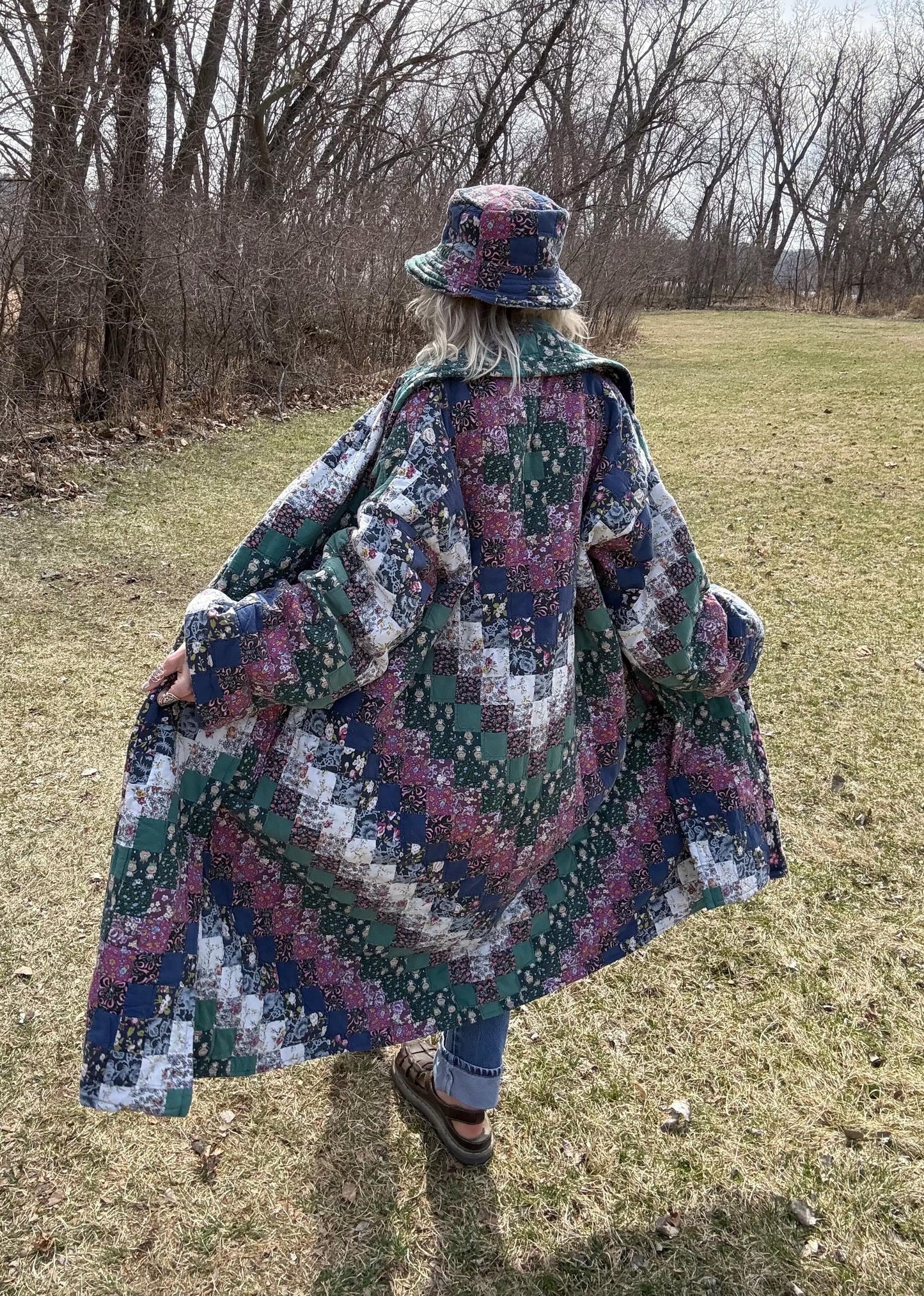 Woodland Wonder Dramatic Long Patchwork Statement Quilt Coat