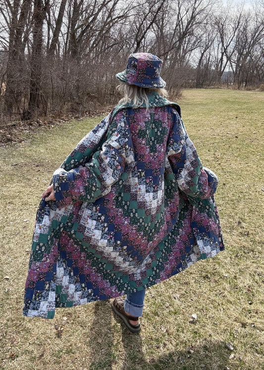 Woodland Wonder Dramatic Long Patchwork Statement Quilt Coat