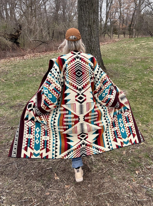 Western Sunsets Geometric Alpaca Wool Handmade Blanket Coat