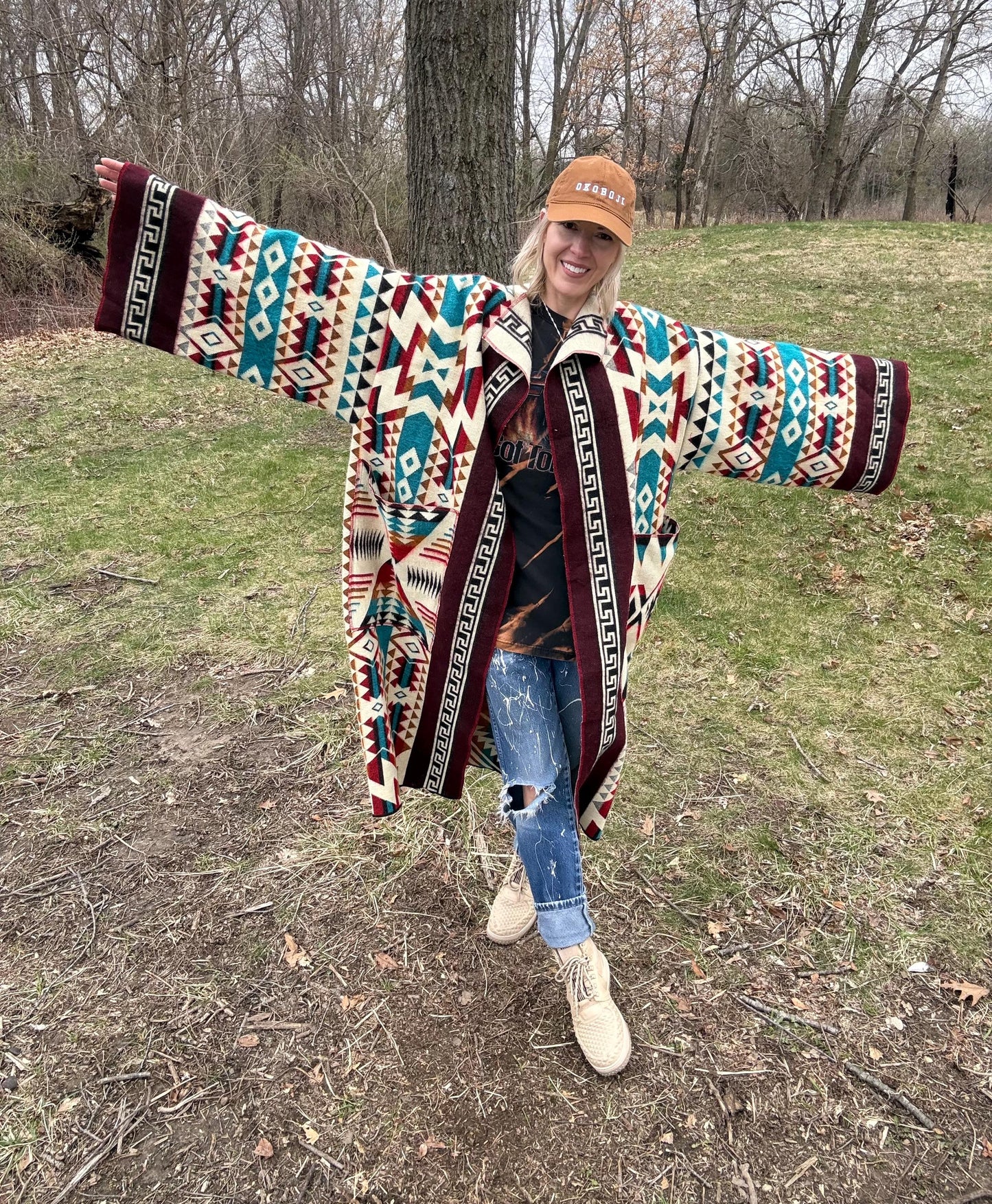 Western Sunsets Geometric Alpaca Wool Handmade Blanket Coat