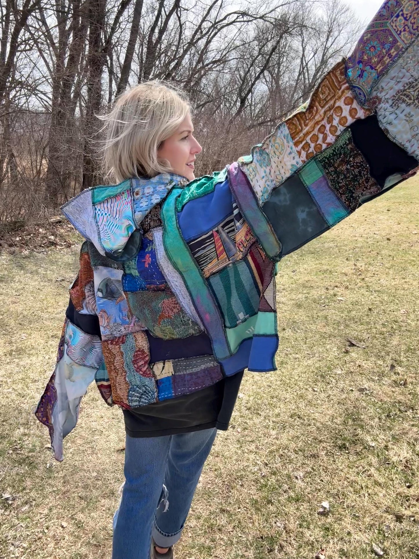 Destin Florida Lover Oversized Patchwork Hooded Pullover, One-Of-A-Kind, Wearable Art