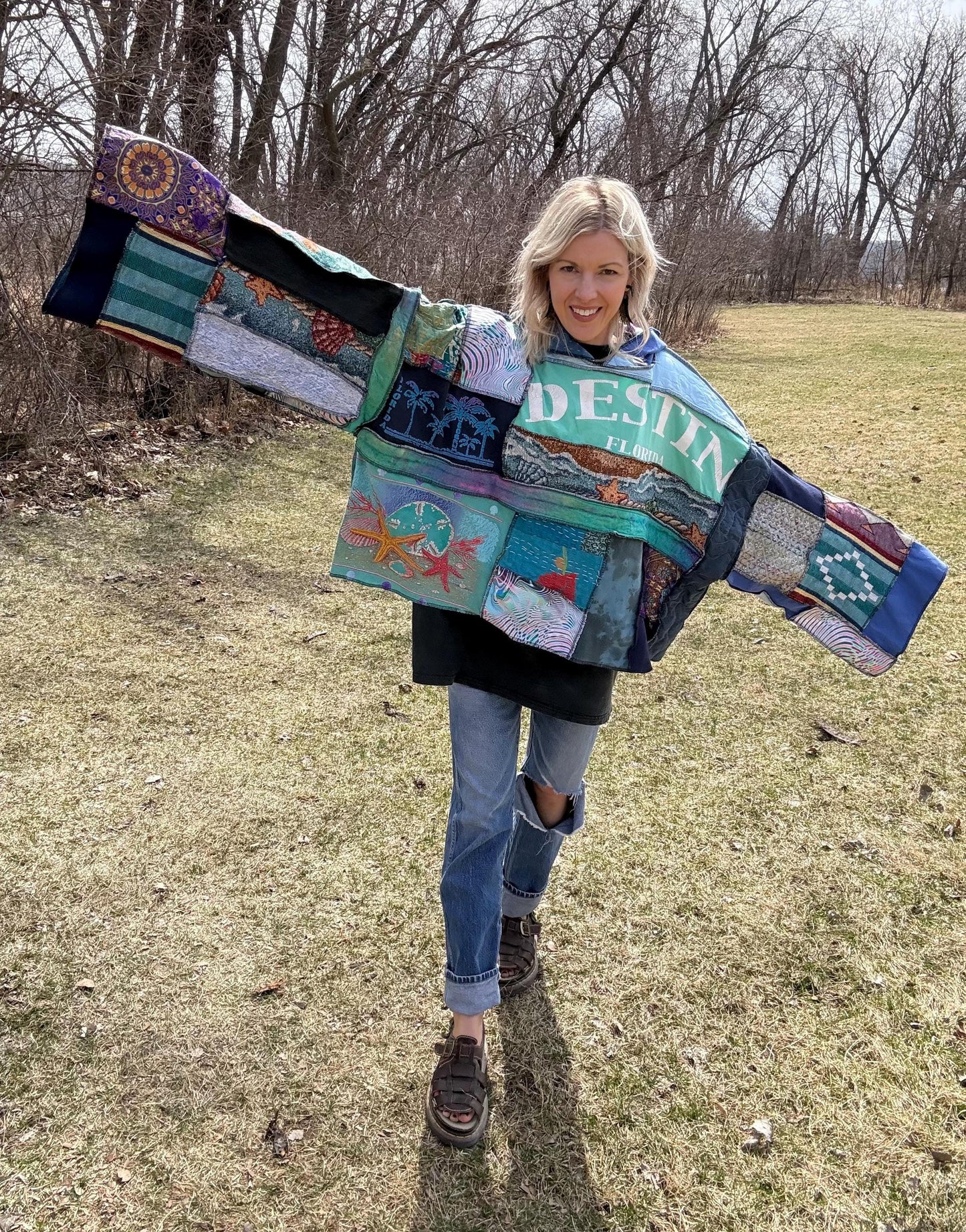 Destin Florida Lover Oversized Patchwork Hooded Pullover, One-Of-A-Kind, Wearable Art