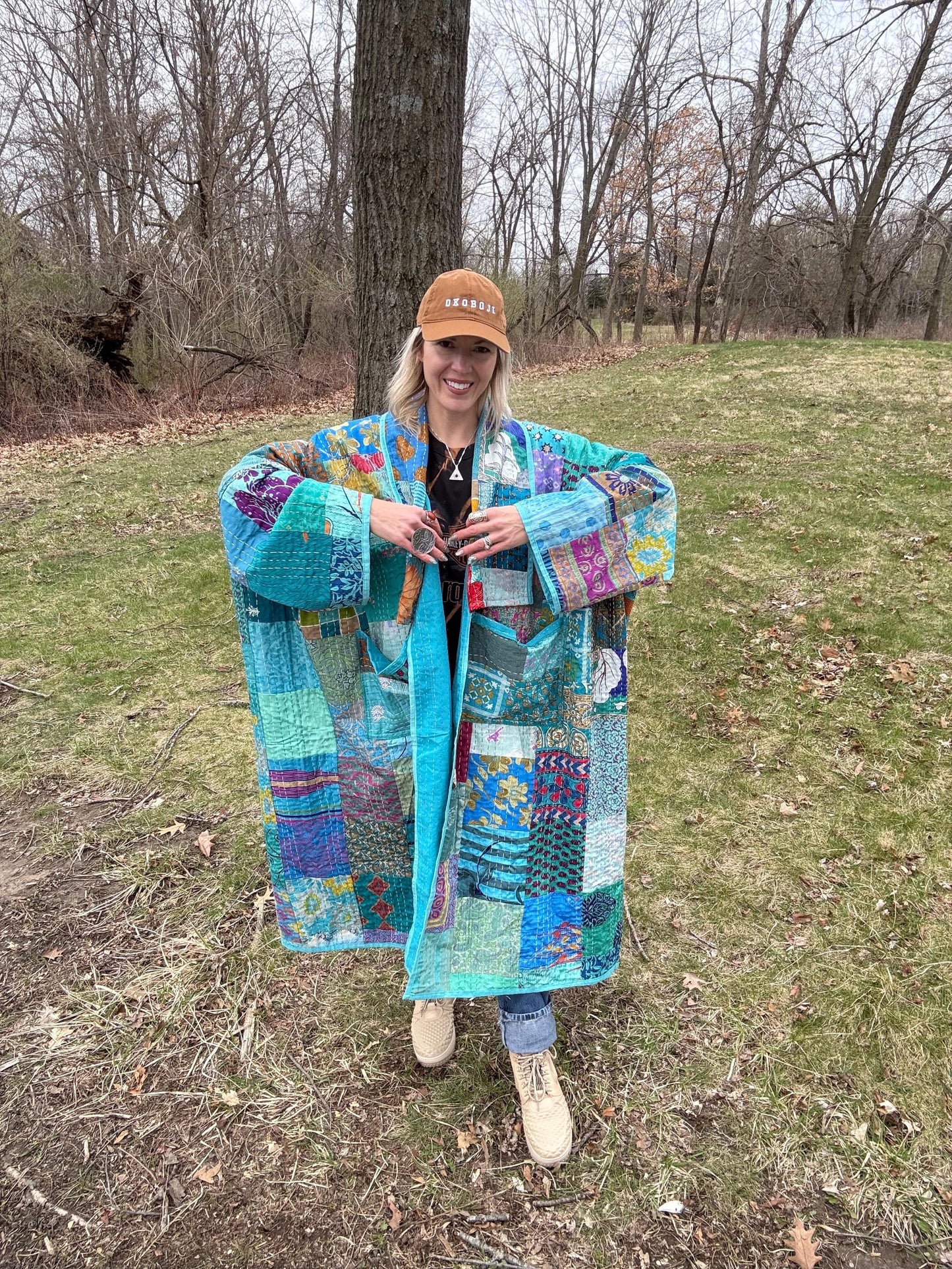 Carribean Waters Extra Oversized Lightweight Patchwork Quilt Coat