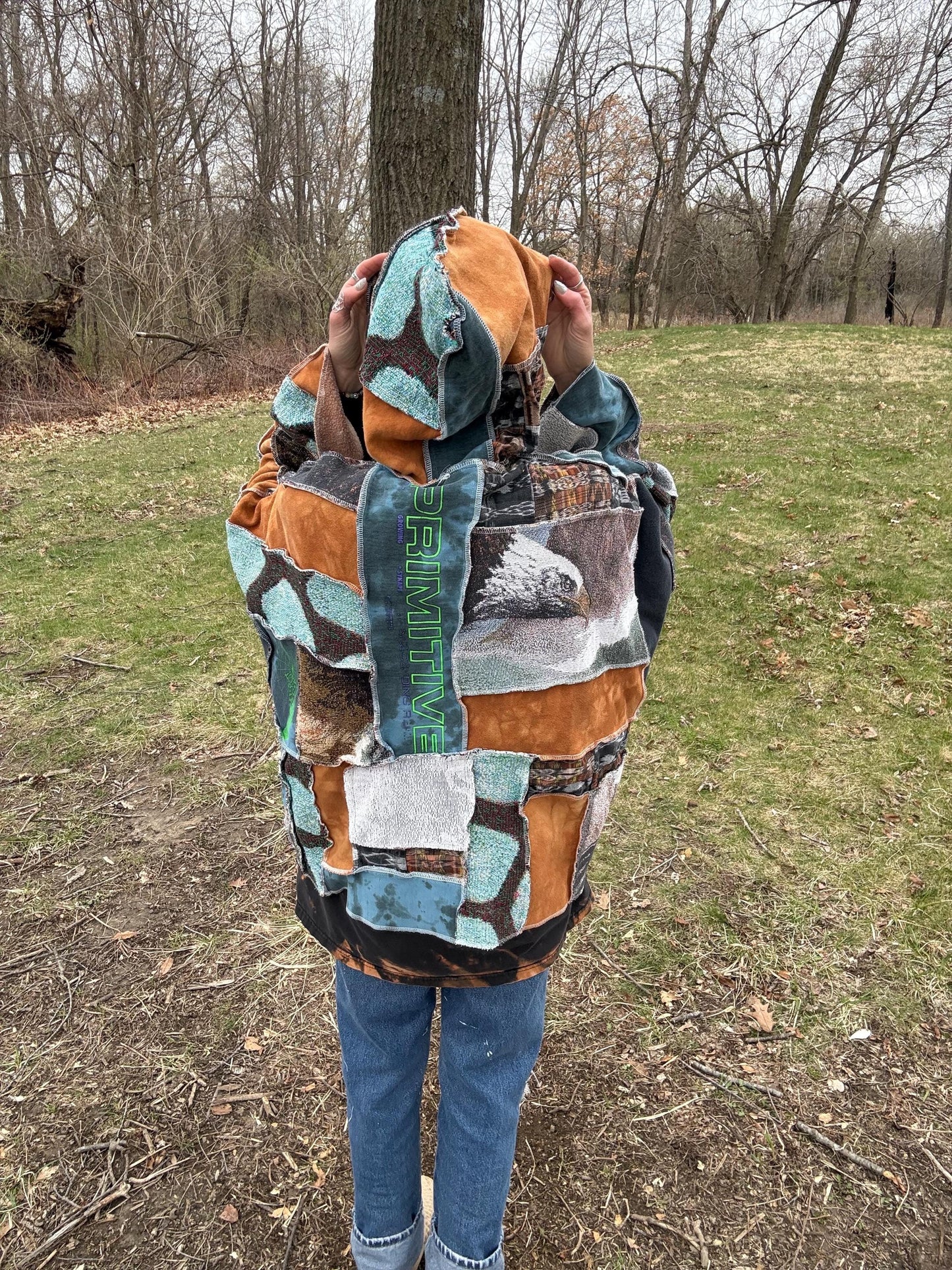 Eagle Spirit Oversized Hooded Patchwork Statement Pullover
