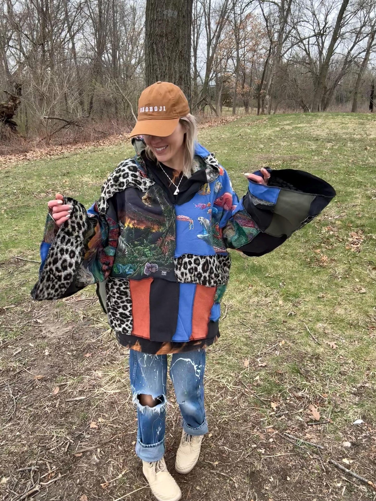 Cosmic Creatures Patchwork Oversized Hooded Statement Pullover, One-Of-A-Kind, Wearable Art