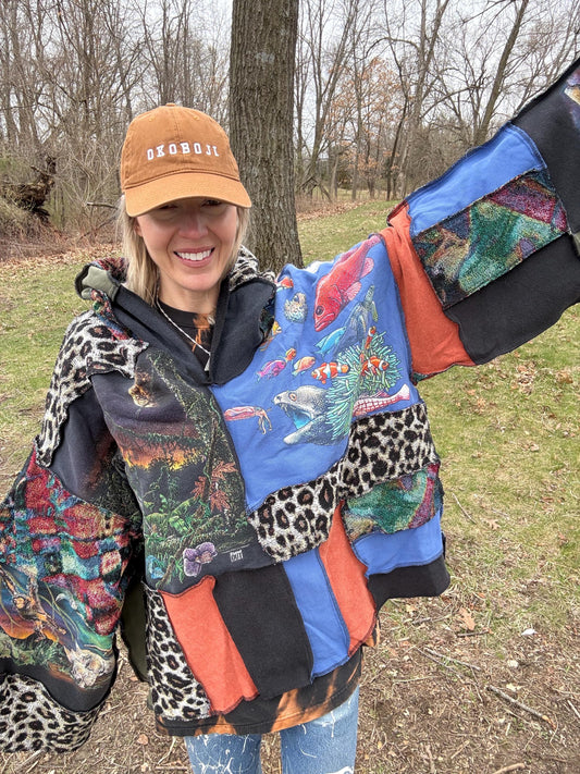 Cosmic Creatures Patchwork Oversized Hooded Statement Pullover, One-Of-A-Kind, Wearable Art