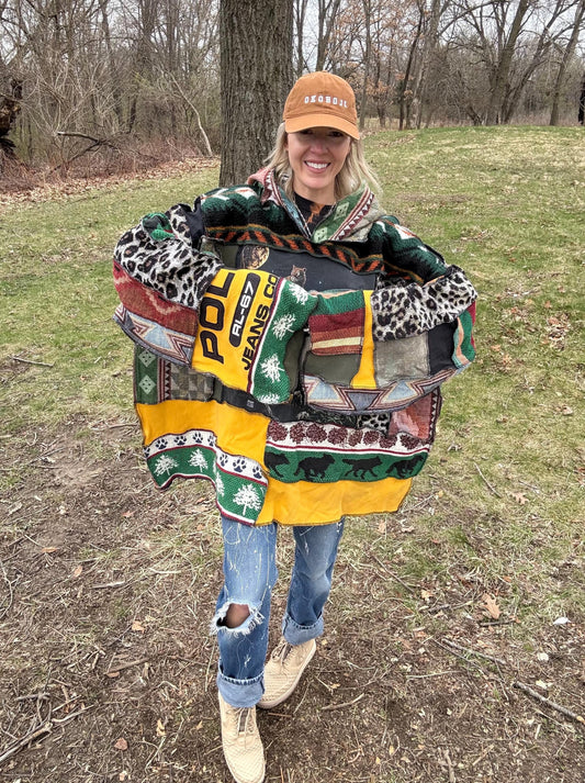 Wildlife Love Patchwork Oversized Hooded Statement Pullover, One-Of-A-Kind, Wearable Art