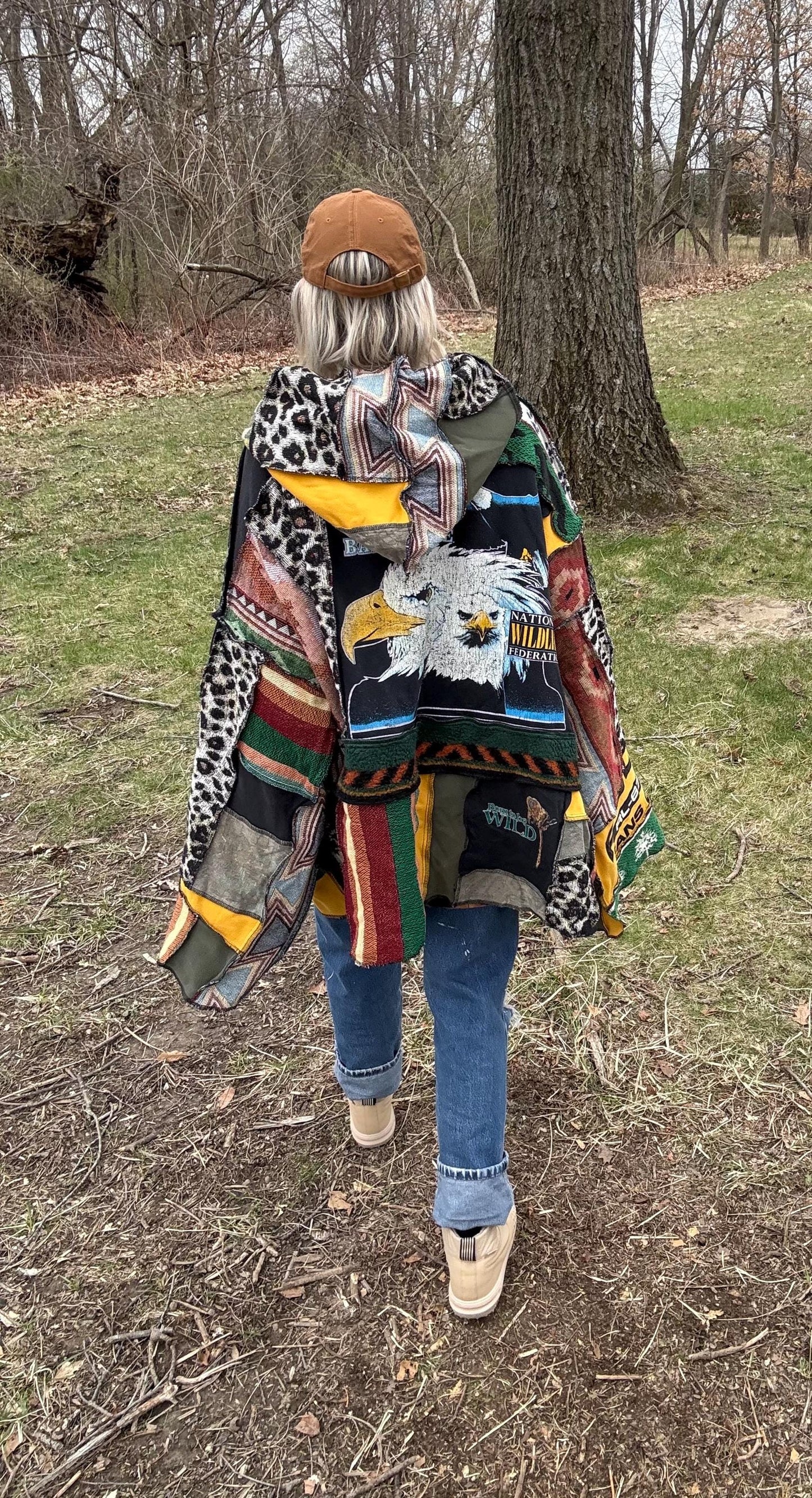 Wildlife Love Patchwork Oversized Hooded Statement Pullover, One-Of-A-Kind, Wearable Art