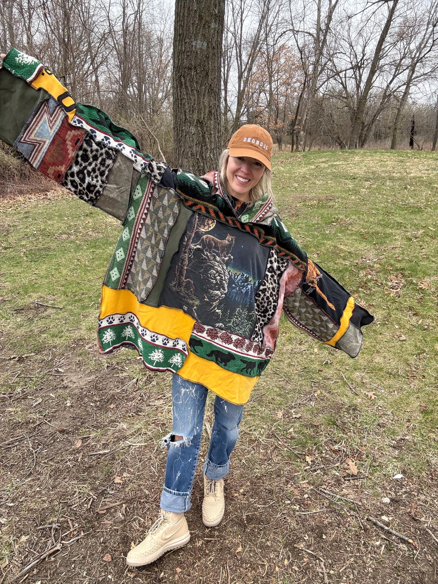 Wildlife Love Patchwork Oversized Hooded Statement Pullover, One-Of-A-Kind, Wearable Art