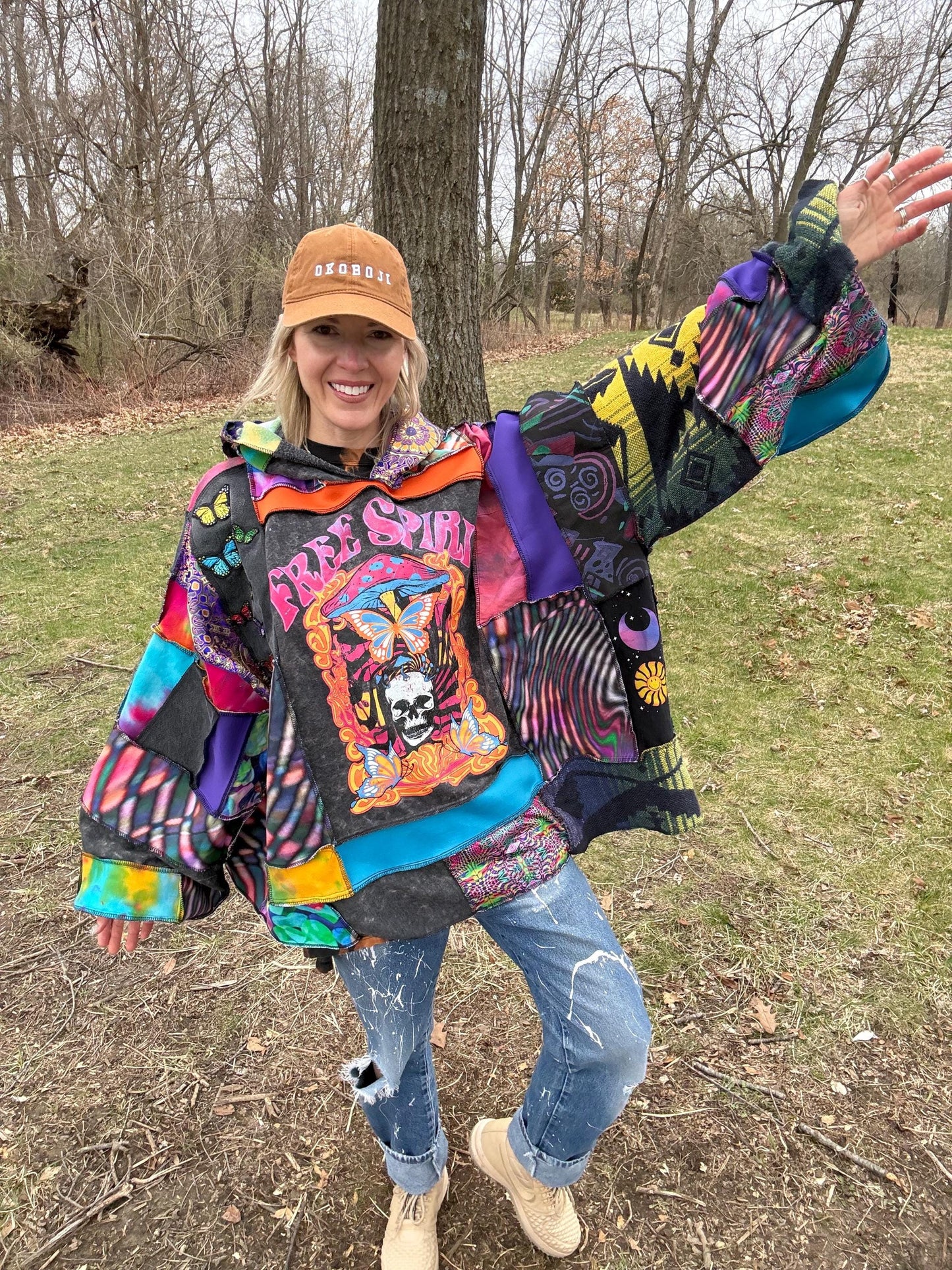 Hippie Heart Psychedelic Rainbow Fiber Art Patchwork Pullover