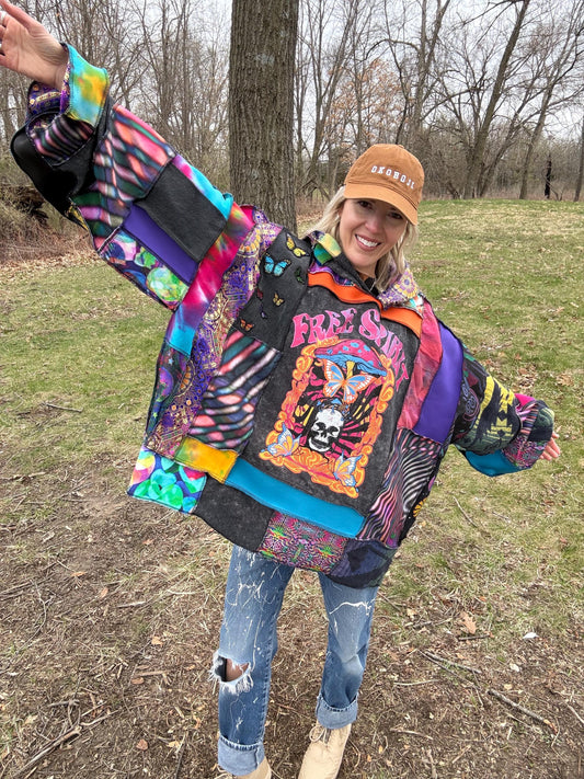 Hippie Heart Psychedelic Rainbow Fiber Art Patchwork Pullover
