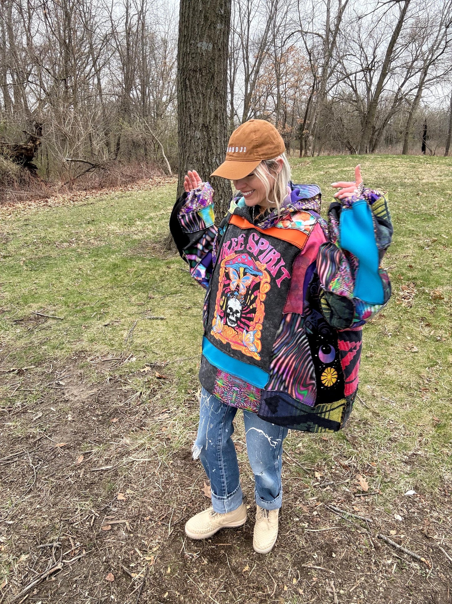 Hippie Heart Psychedelic Rainbow Fiber Art Patchwork Pullover